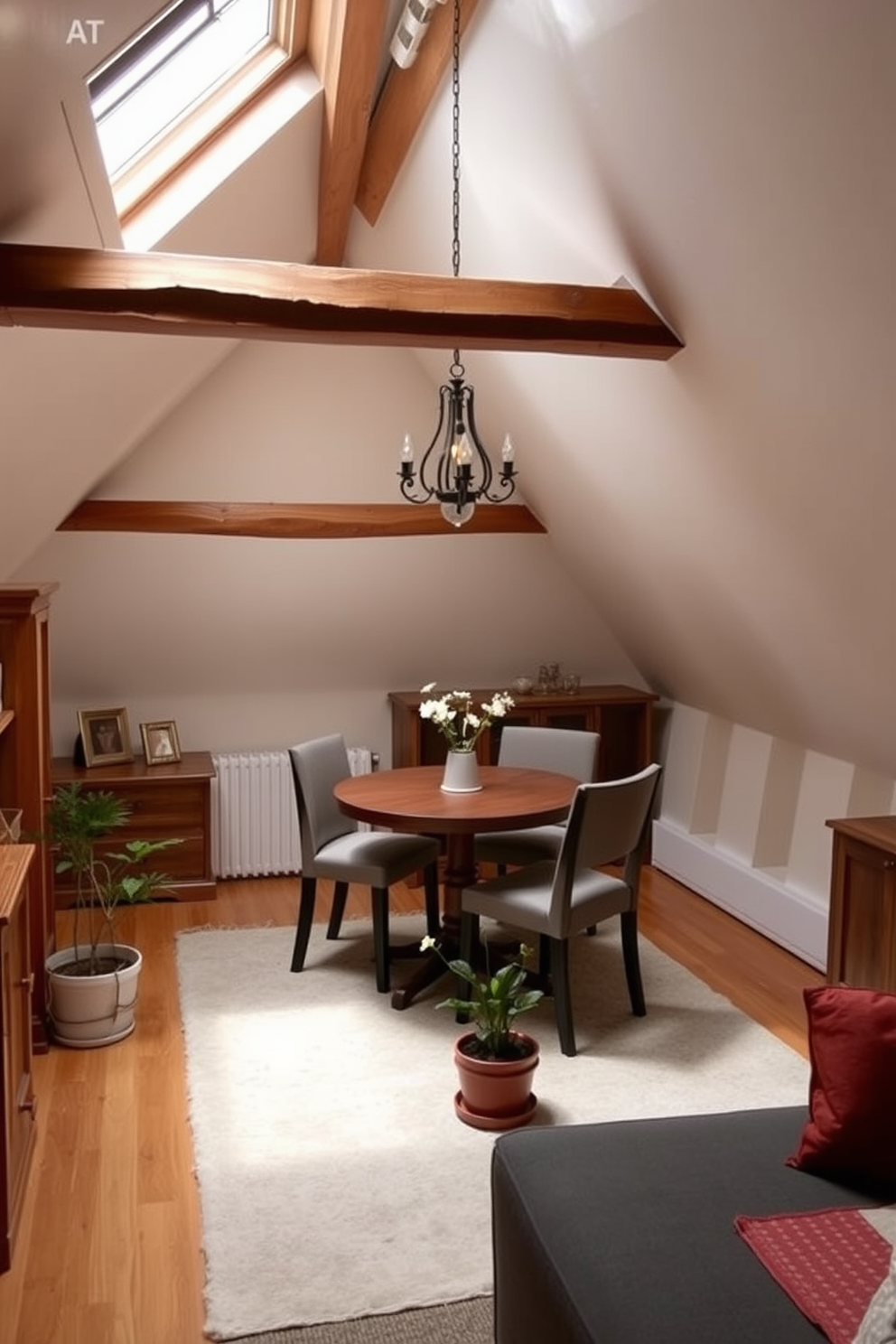 A cozy attic apartment featuring a small dining area with a round wooden table surrounded by four upholstered chairs. The space is illuminated by a vintage chandelier hanging from the sloped ceiling, creating an inviting atmosphere. Natural light streams in through a skylight, highlighting the exposed beams and warm wood accents throughout the room. A soft area rug under the table adds texture, while a small potted plant sits in the corner, bringing a touch of greenery to the design.