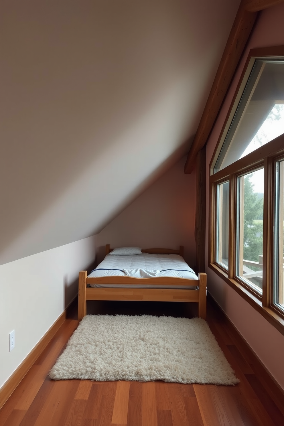 A cozy lofted sleeping space with a wooden bed frame positioned under the sloped ceiling. Soft, ambient lighting illuminates the area, creating a warm and inviting atmosphere. The walls are adorned with rustic wooden beams, and large windows allow natural light to flood the room. A plush area rug lies beneath the bed, providing comfort and warmth to the space.