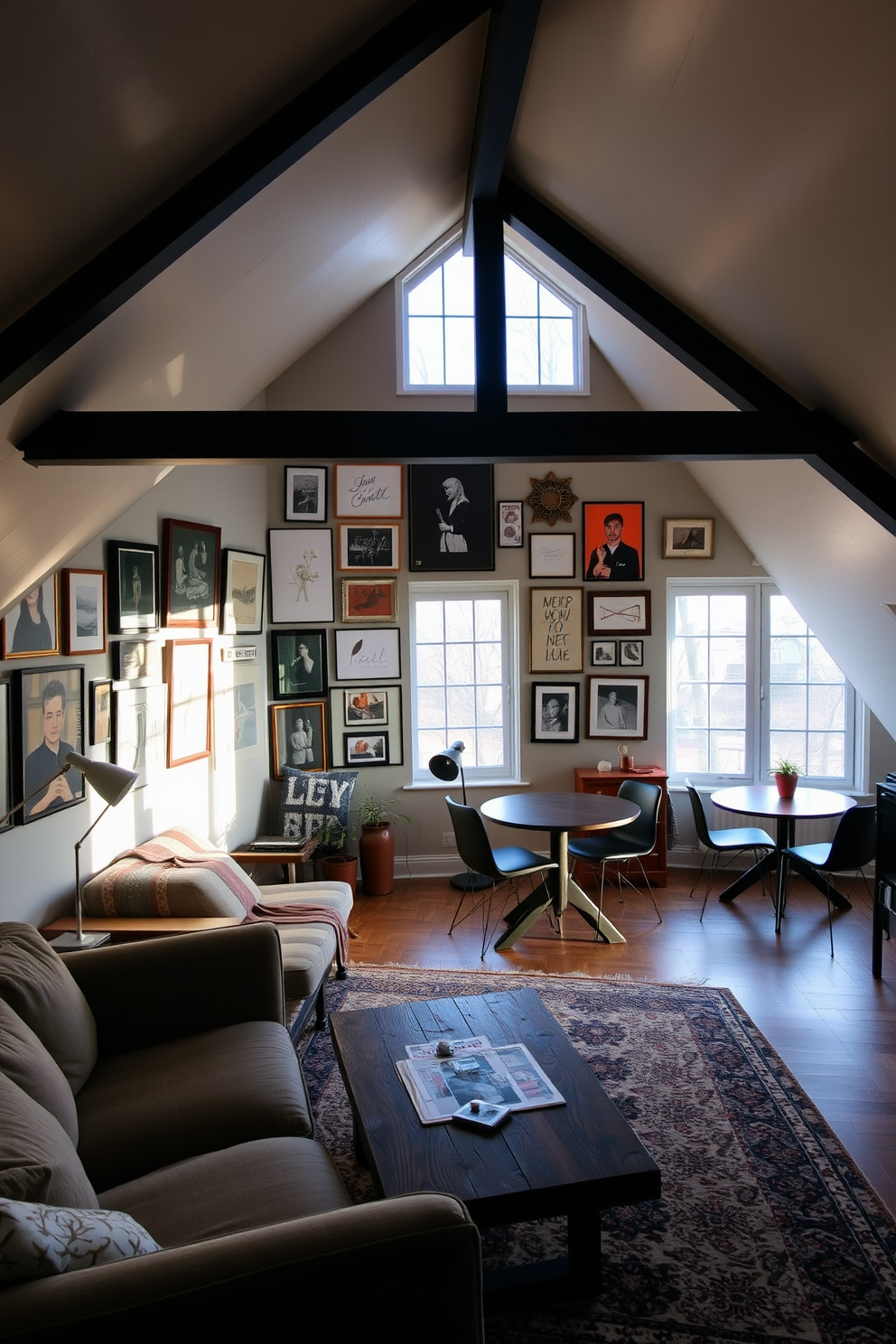 A cozy attic apartment featuring sloped ceilings and large windows that allow natural light to flood the space. The living area is adorned with a gallery wall of art, showcasing a mix of contemporary and vintage pieces that add character and warmth. The furniture is a blend of modern and rustic styles, with a plush sofa and a reclaimed wood coffee table at the center. A small dining nook is set up near the window, complete with a round table and stylish chairs, creating an inviting atmosphere for meals.