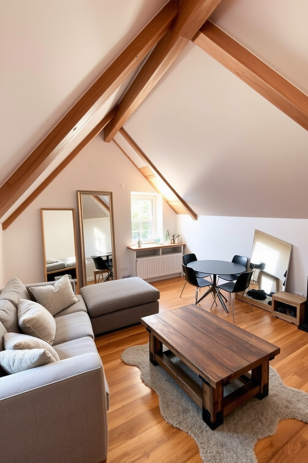 A cozy attic apartment featuring sloped ceilings with exposed wooden beams. Large mirrors are strategically placed to enhance the sense of space and light, reflecting the warm tones of the wooden flooring. The living area includes a plush sectional sofa in a soft gray fabric, paired with a rustic wooden coffee table. A small dining nook is set up by the window, with a round table and stylish chairs that complement the overall aesthetic.
