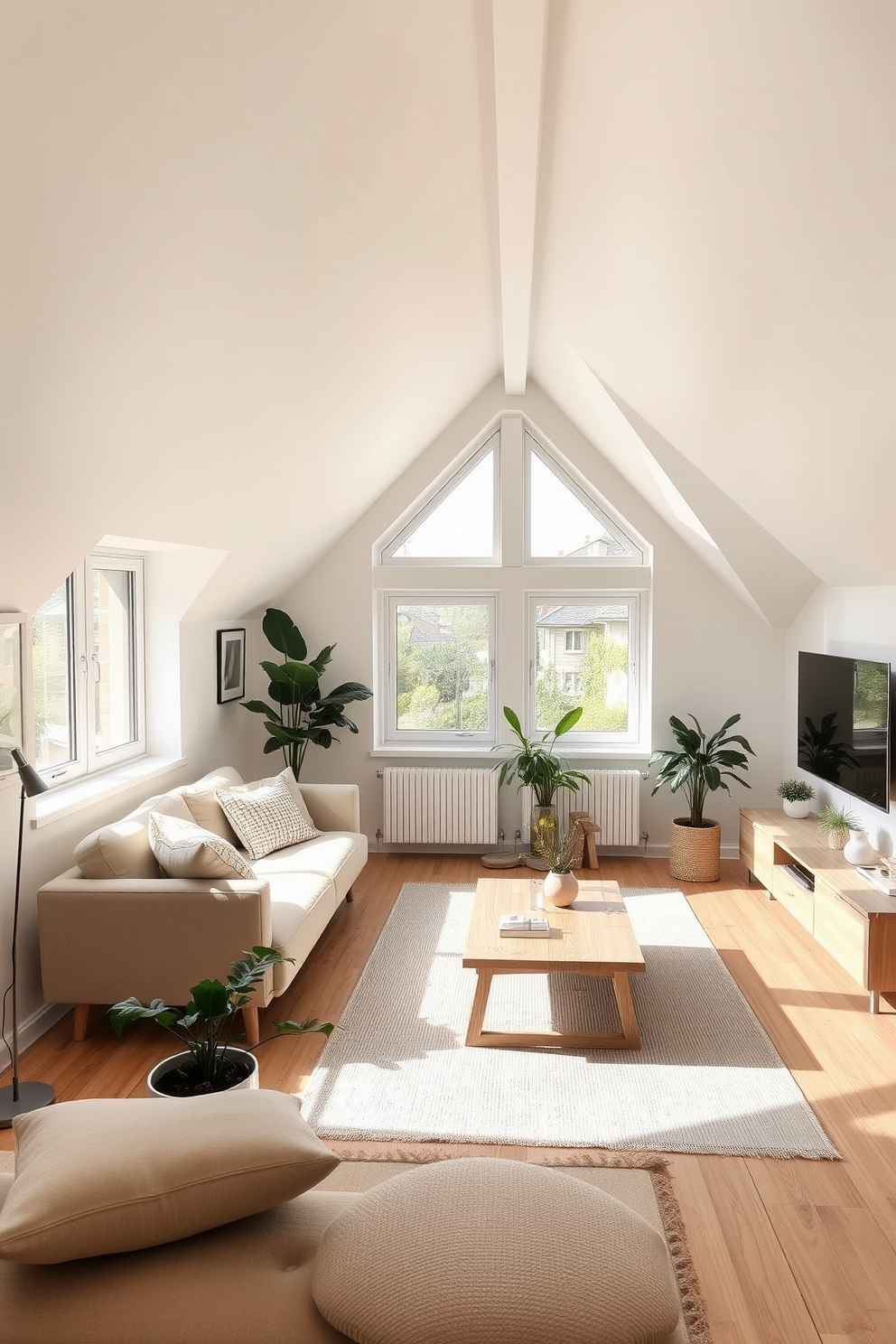 A serene attic apartment featuring minimalist decor with neutral colors. The space is adorned with a soft beige sofa and a light wood coffee table, creating an inviting atmosphere. Large windows allow natural light to flood the room, highlighting the clean lines of the furniture. A simple area rug anchors the seating area, while potted plants add a touch of greenery.