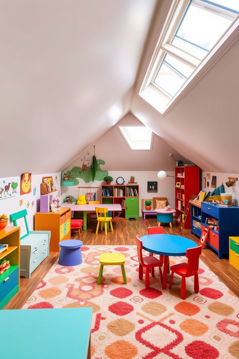 A vibrant and playful kids area filled with colorful furniture and whimsical decor. The walls are adorned with cheerful murals, and a soft, patterned rug covers the floor, providing a cozy space for play. A charming attic apartment featuring sloped ceilings and skylights that flood the space with natural light. The design incorporates a mix of modern and vintage furnishings, creating an inviting and unique living environment.