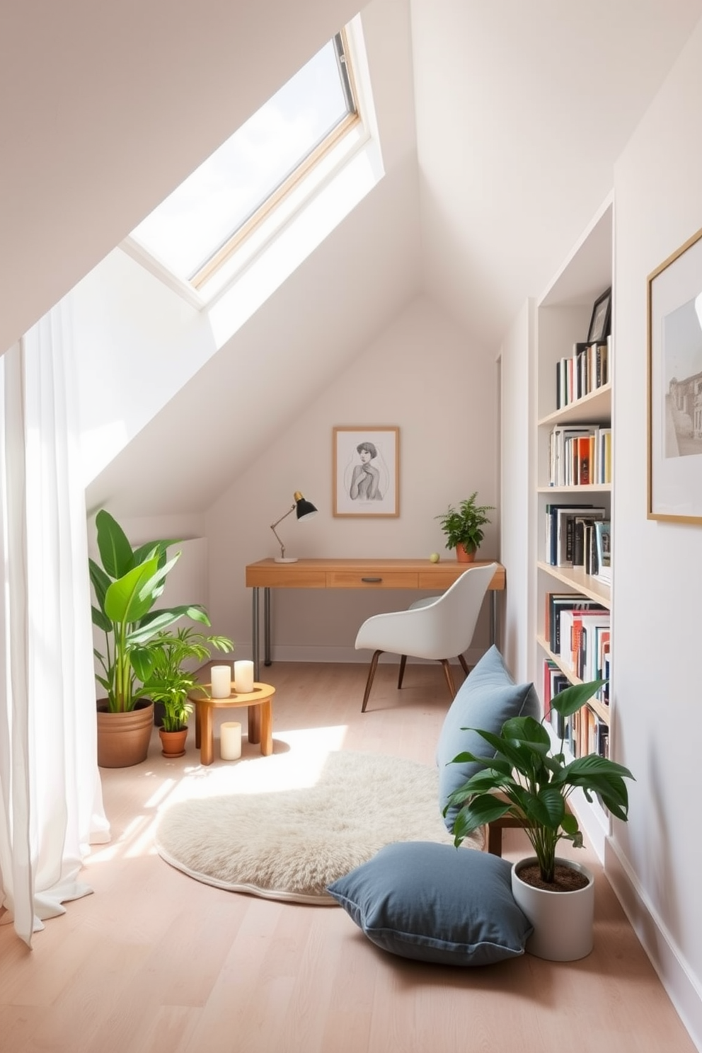 Create a serene meditation corner with soft natural light filtering through sheer curtains. The space features a plush floor cushion surrounded by potted plants, a small wooden side table with candles, and calming artwork on the walls. Attic apartment design ideas include a cozy reading nook with built-in bookshelves and a skylight overhead. The layout maximizes space with a minimalist aesthetic, incorporating a small desk and a comfortable chair nestled under the sloped ceiling.