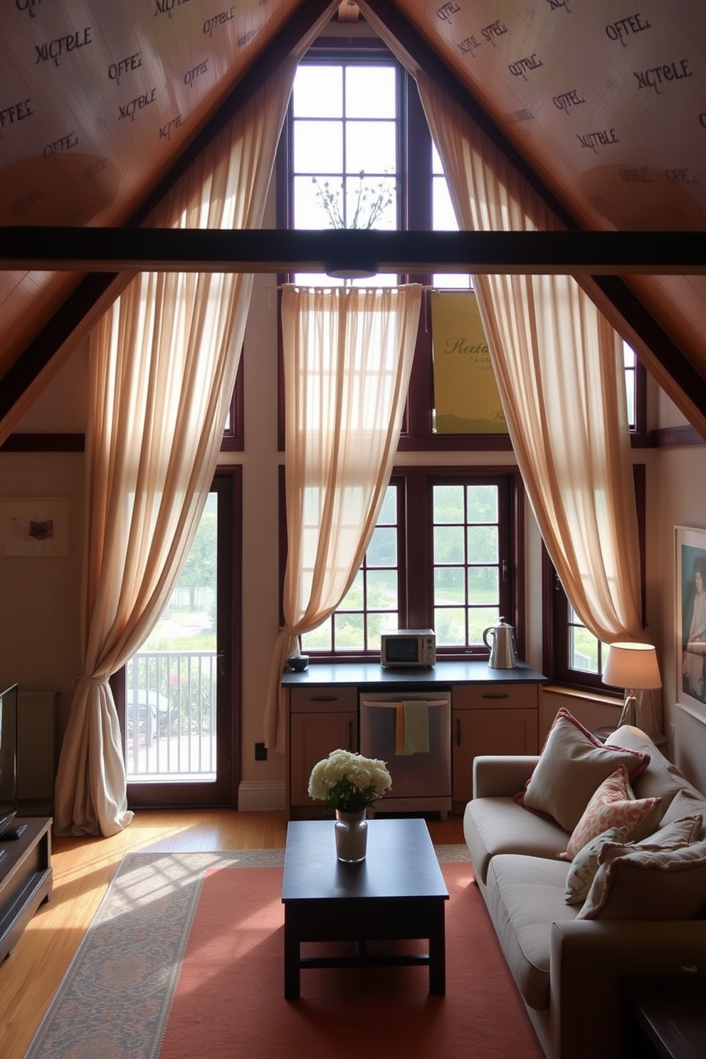 A cozy attic apartment featuring large windows draped with soft, flowing curtains that enhance privacy while allowing natural light to filter in. The space is adorned with rustic wooden beams and a warm color palette, creating an inviting atmosphere. An open-plan living area includes a comfortable seating arrangement with plush cushions and a stylish coffee table. A small kitchenette is tucked away, showcasing modern appliances paired with charming, vintage accents.