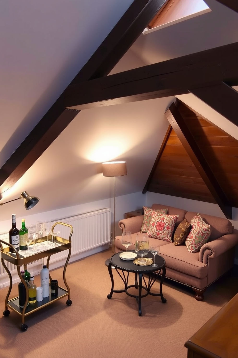 A cozy attic apartment featuring sloped ceilings and exposed wooden beams. The space is decorated with a small bar cart in the corner, stocked with elegant glassware and a selection of spirits. The living area includes a plush sofa adorned with colorful throw pillows and a vintage coffee table. Soft lighting from a stylish floor lamp creates a warm and inviting atmosphere throughout the room.