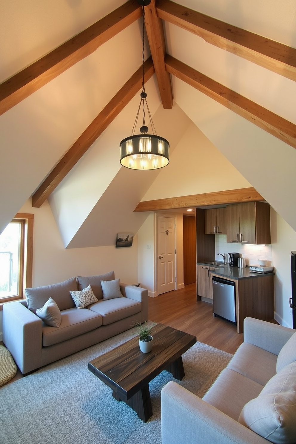 A cozy attic apartment with sloped ceilings and exposed wooden beams creates a warm atmosphere. The living area features a plush sectional sofa and a rustic coffee table, while a statement light fixture hangs gracefully from the highest point of the ceiling, illuminating the space below. A small kitchenette is integrated into the design, showcasing sleek cabinetry and modern appliances. The walls are painted in a soft cream hue, and large windows allow natural light to flood the room, enhancing the inviting ambiance.