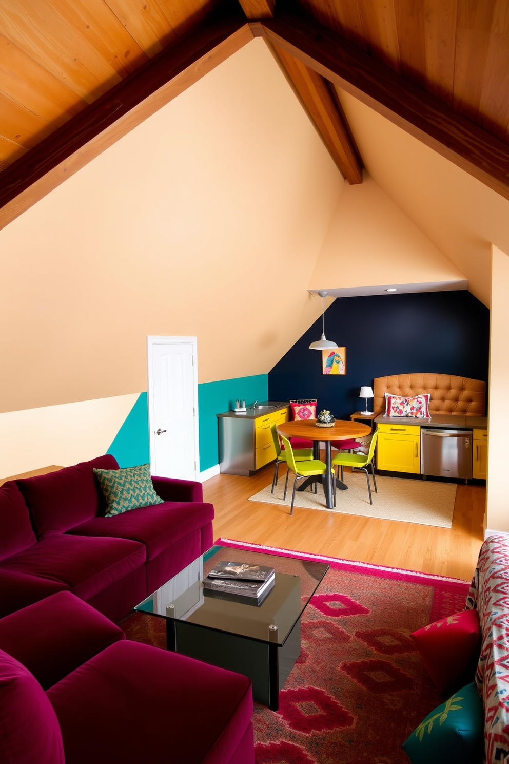 A cozy attic apartment with a sloped ceiling and exposed wooden beams. One wall features a bold teal accent, creating a striking contrast with the warm beige walls. The living area includes a plush sectional sofa in a rich burgundy fabric, paired with a sleek glass coffee table. A vibrant area rug with geometric patterns adds texture and warmth to the space. In the kitchen nook, bright yellow cabinetry complements the stainless steel appliances, creating a cheerful atmosphere. A round wooden dining table with colorful chairs invites casual gatherings. The bedroom is designed with a deep navy accent wall behind the bed, adorned with a tufted headboard. Brightly colored throw pillows and a patterned duvet add a playful touch to the serene space.