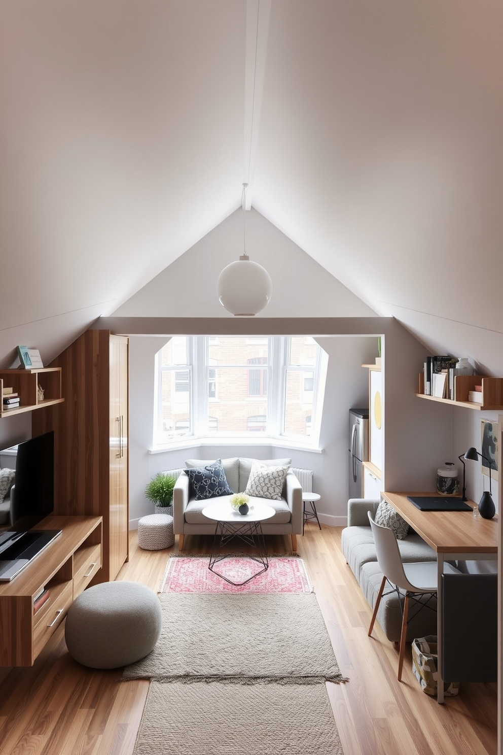 Design a multifunctional attic apartment that maximizes space and light. Include distinct zones for living, working, and sleeping, featuring a cozy lounge area with a plush sofa and a compact desk for productivity. Incorporate a stylish kitchenette with modern appliances and a dining nook that can double as a workspace. Use light colors for the walls and furniture to create an airy atmosphere, while adding textures through rugs and cushions for warmth.
