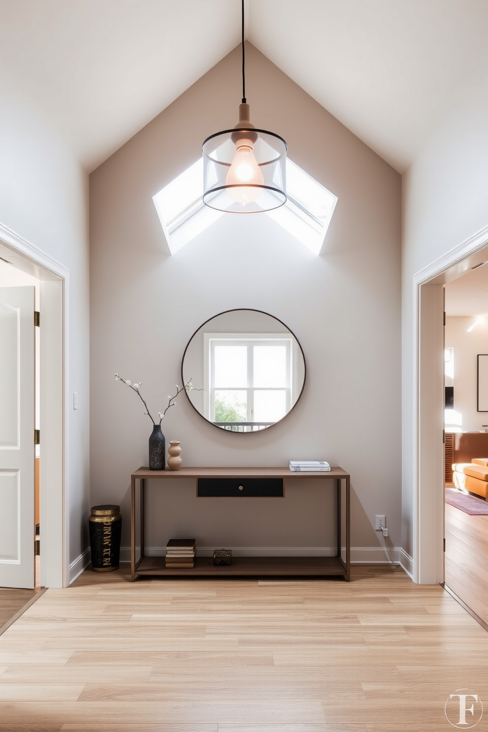 A welcoming entryway area features a spacious layout with a stylish console table against the wall. A large round mirror hangs above the table, reflecting soft lighting from a contemporary pendant light. Attic apartment design ideas include open-plan living spaces that maximize natural light through skylights. Cozy nooks with built-in seating and shelves create functional and inviting areas for relaxation.