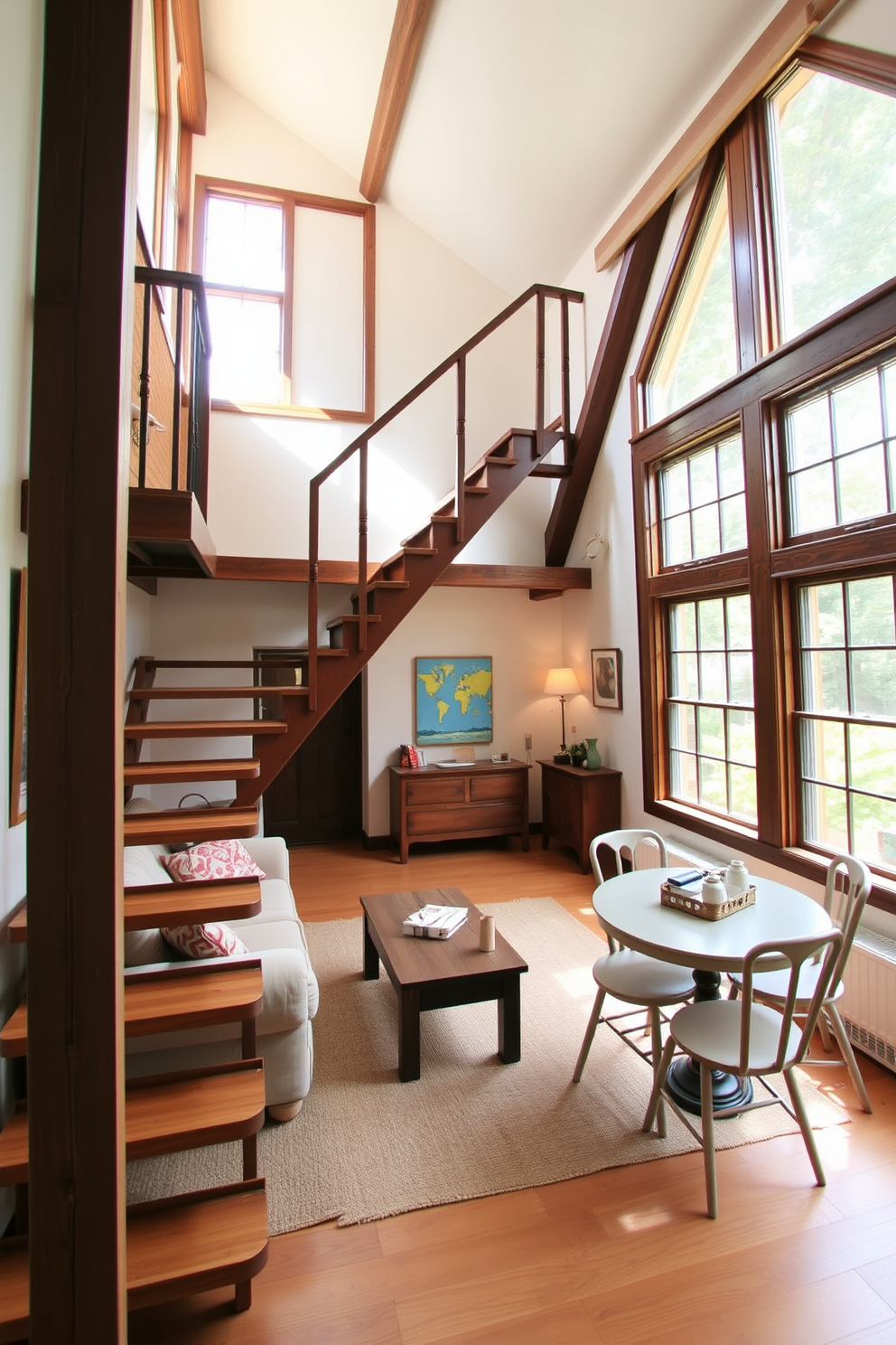 A cozy attic apartment featuring a vintage wooden staircase that winds elegantly to the upper level. The space is adorned with exposed beams and large windows that flood the room with natural light, creating a warm and inviting atmosphere. The living area includes a plush sectional sofa paired with a rustic coffee table, while a small dining nook is set against the wall with a charming round table and mismatched chairs. Soft, neutral tones dominate the decor, complemented by colorful artwork that adds character to the space.