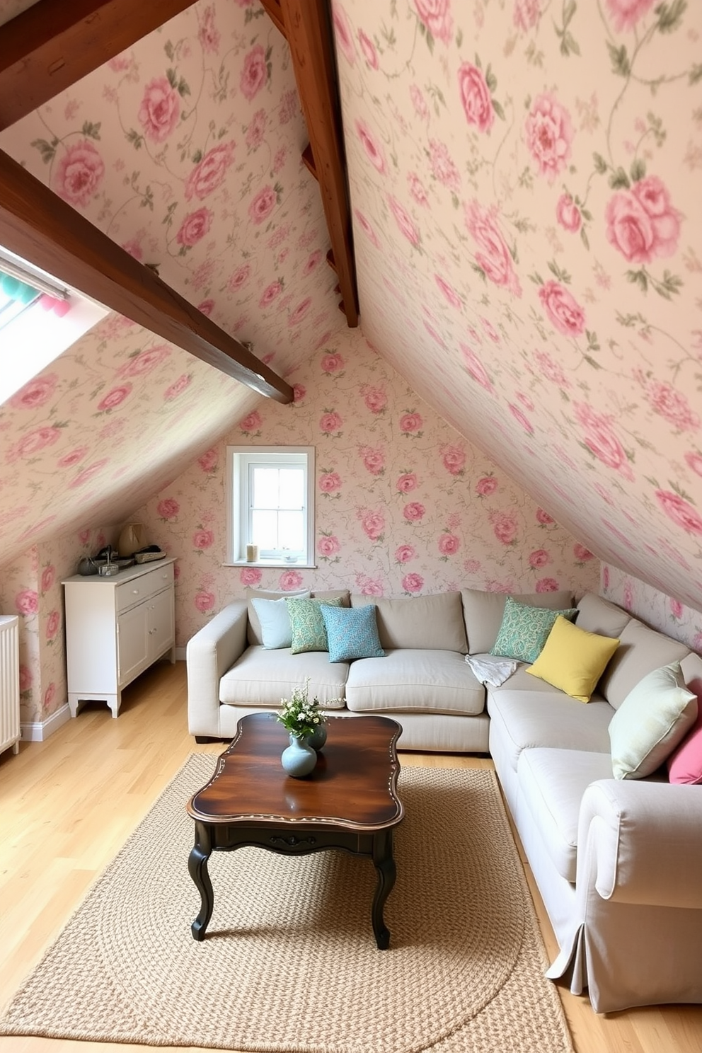 A cozy attic apartment with sloped ceilings and exposed wooden beams. The walls are adorned with a textured floral wallpaper in soft pastel colors, adding warmth and character to the space. A comfortable living area features a plush sectional sofa in a neutral tone, complemented by colorful throw pillows. A vintage coffee table sits atop a woven area rug, creating an inviting atmosphere for relaxation and socializing.