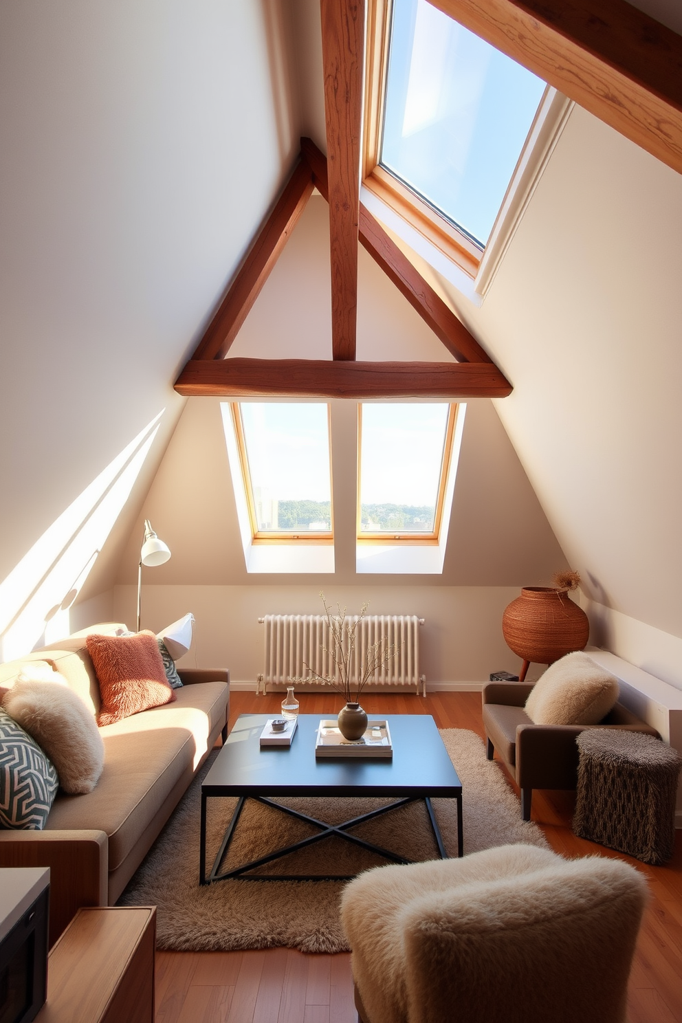 Brighten the space with skylight windows that flood the room with natural light. The attic apartment features a cozy seating area with plush cushions and a stylish coffee table, surrounded by exposed wooden beams and warm, neutral tones.