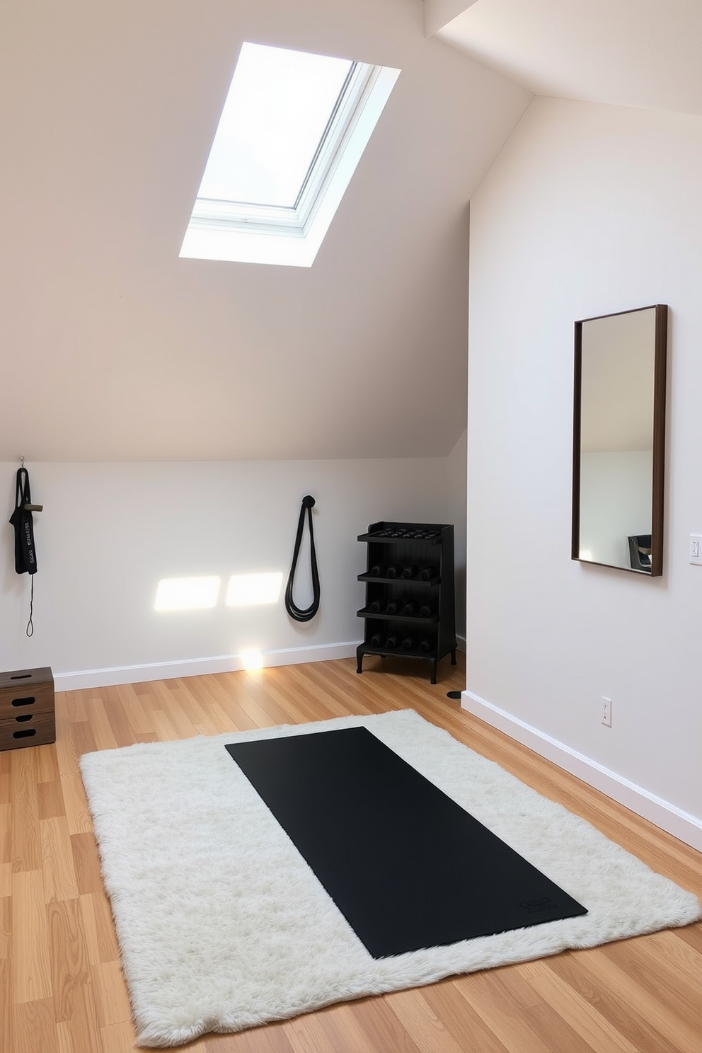 A cozy small home gym area. The space features a wall-mounted mirror, a set of weights, and a yoga mat on a soft rug. An attic apartment designed with modern aesthetics. The room includes sloped ceilings, skylights for natural light, and a minimalist furniture arrangement.