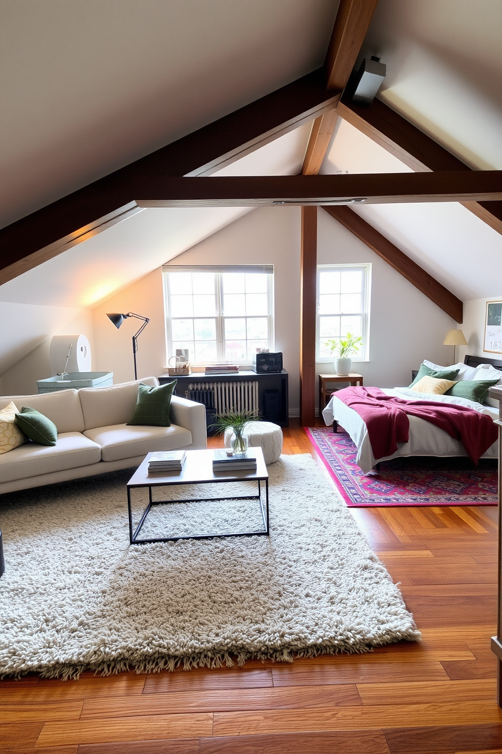 A cozy attic apartment featuring distinct living zones defined by stylish area rugs. The living area showcases a plush, oversized rug in soft neutrals, complementing a contemporary sofa and a chic coffee table. In the sleeping nook, a vibrant area rug adds warmth and character beneath a comfortable bed adorned with layered bedding. Exposed beams and large windows create an inviting atmosphere, enhancing the unique charm of the space.