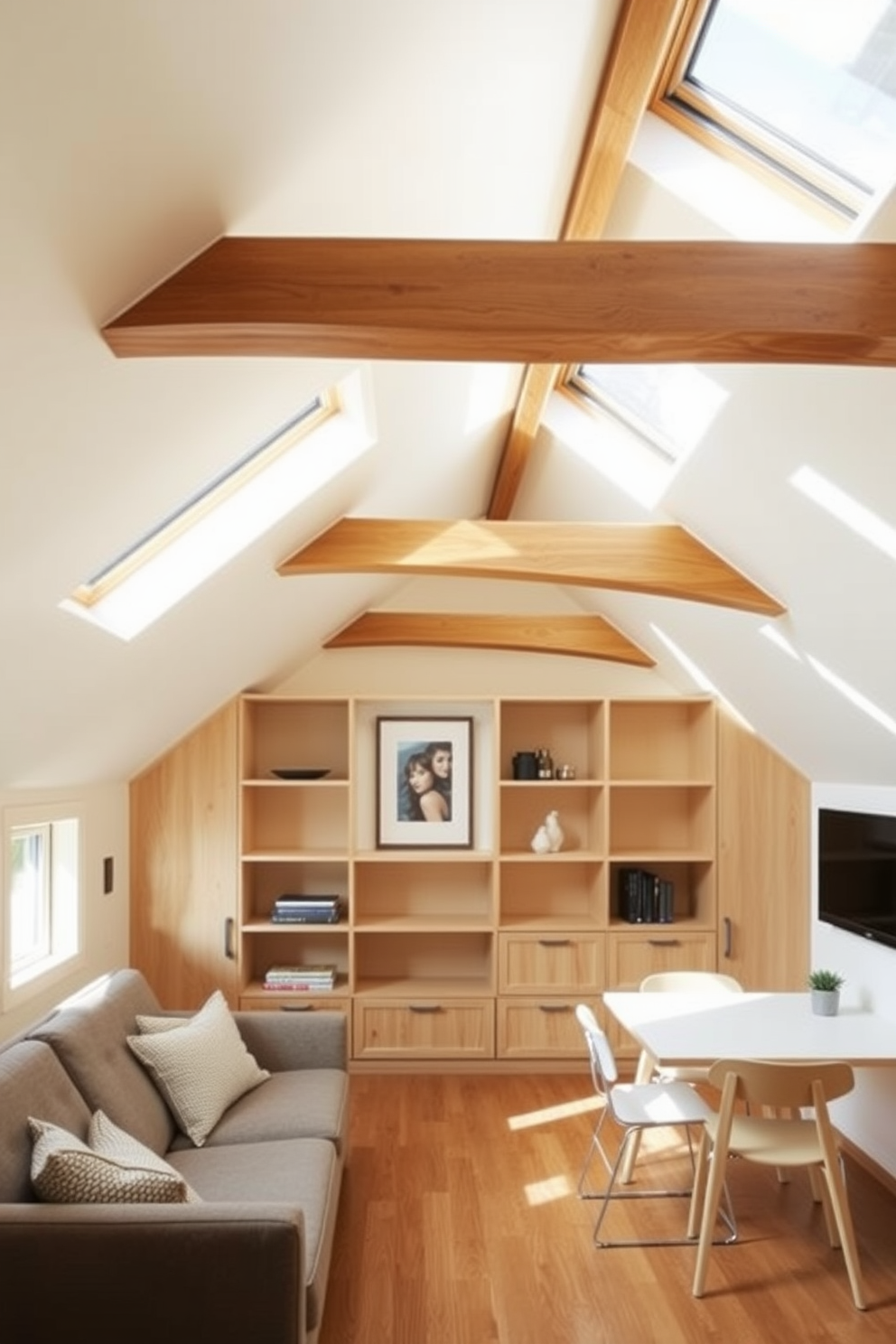 A cozy attic apartment features built-in storage solutions seamlessly integrated into the sloped walls. The design includes custom shelving units that maximize space while maintaining an airy feel throughout the room. Natural light floods the area through skylights, highlighting the warm wooden beams that add character to the space. A minimalist approach to furniture ensures the room remains uncluttered, with a comfortable sofa and a small dining table positioned near the windows.