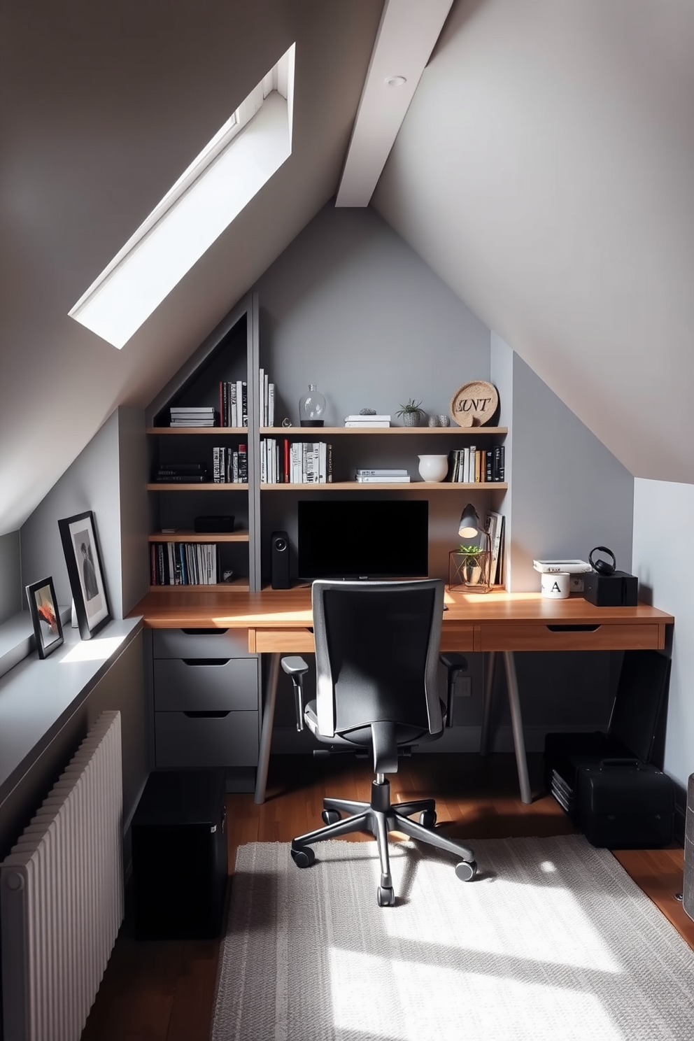 A stylish workspace in an attic apartment featuring a sleek wooden desk positioned under a skylight. The walls are painted in a soft gray, and a comfortable ergonomic chair complements the modern aesthetic. Natural light floods the space, highlighting a wall of built-in shelves filled with books and decorative items. A cozy rug in muted tones lies beneath the desk, adding warmth to the overall design.