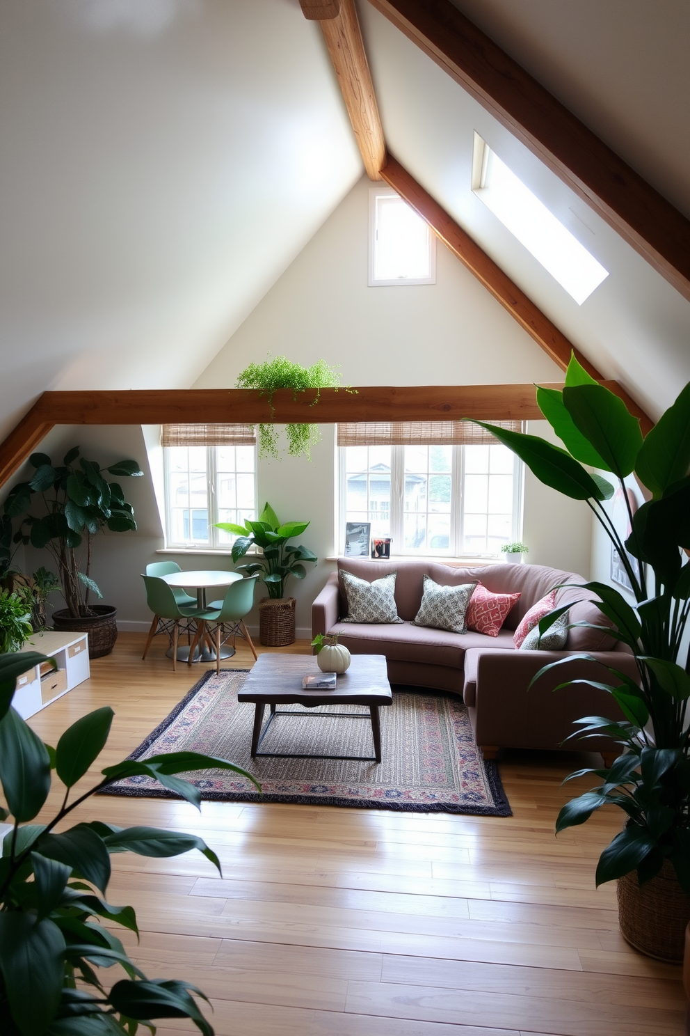 A cozy attic apartment with sloped ceilings and exposed wooden beams. The open living space features a comfortable sectional sofa and a rustic coffee table, while large windows allow natural light to flood the room. In one corner, a small dining area with a round table and stylish chairs creates an inviting space for meals. Lush green plants are strategically placed throughout the apartment to add a fresh atmosphere and enhance the overall aesthetic.