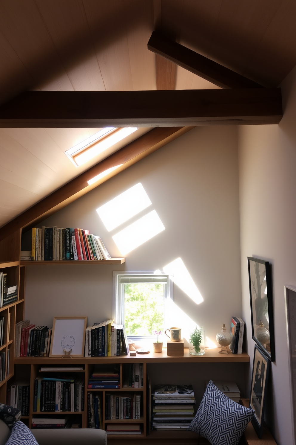 A cozy attic apartment featuring open shelving made of reclaimed wood, showcasing a collection of books and decorative items. The space is illuminated by natural light streaming through a skylight, creating a warm and inviting atmosphere.