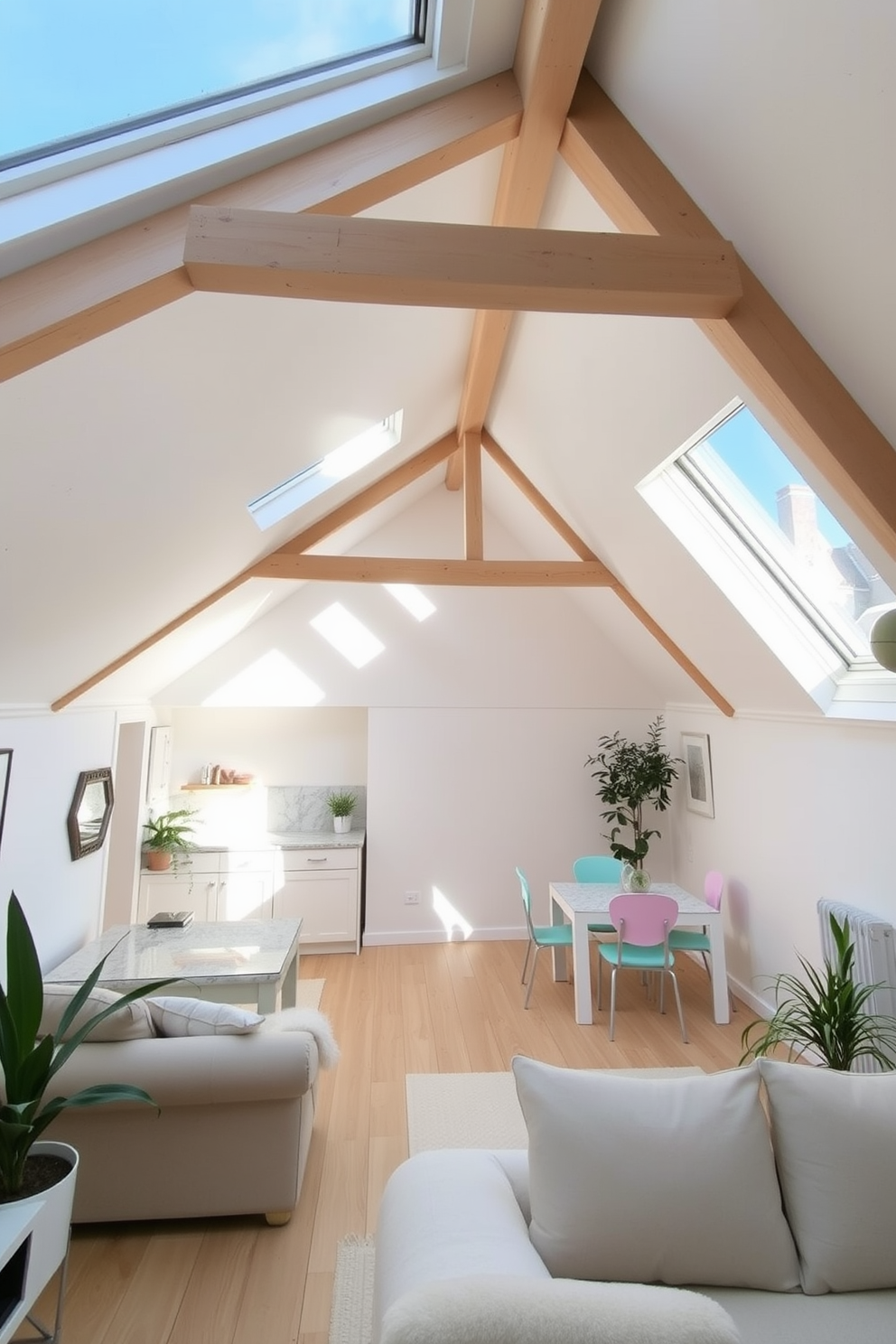 A bright and airy attic apartment featuring sloped ceilings and large skylights that allow natural light to flood the space. The walls are painted in soft white, complemented by light wooden beams and a cozy, neutral-toned sofa. The open layout includes a small kitchenette with light cabinetry and a marble countertop, creating a seamless flow into the living area. A small dining table with pastel-colored chairs adds a cheerful touch, while potted plants bring life to the corners.