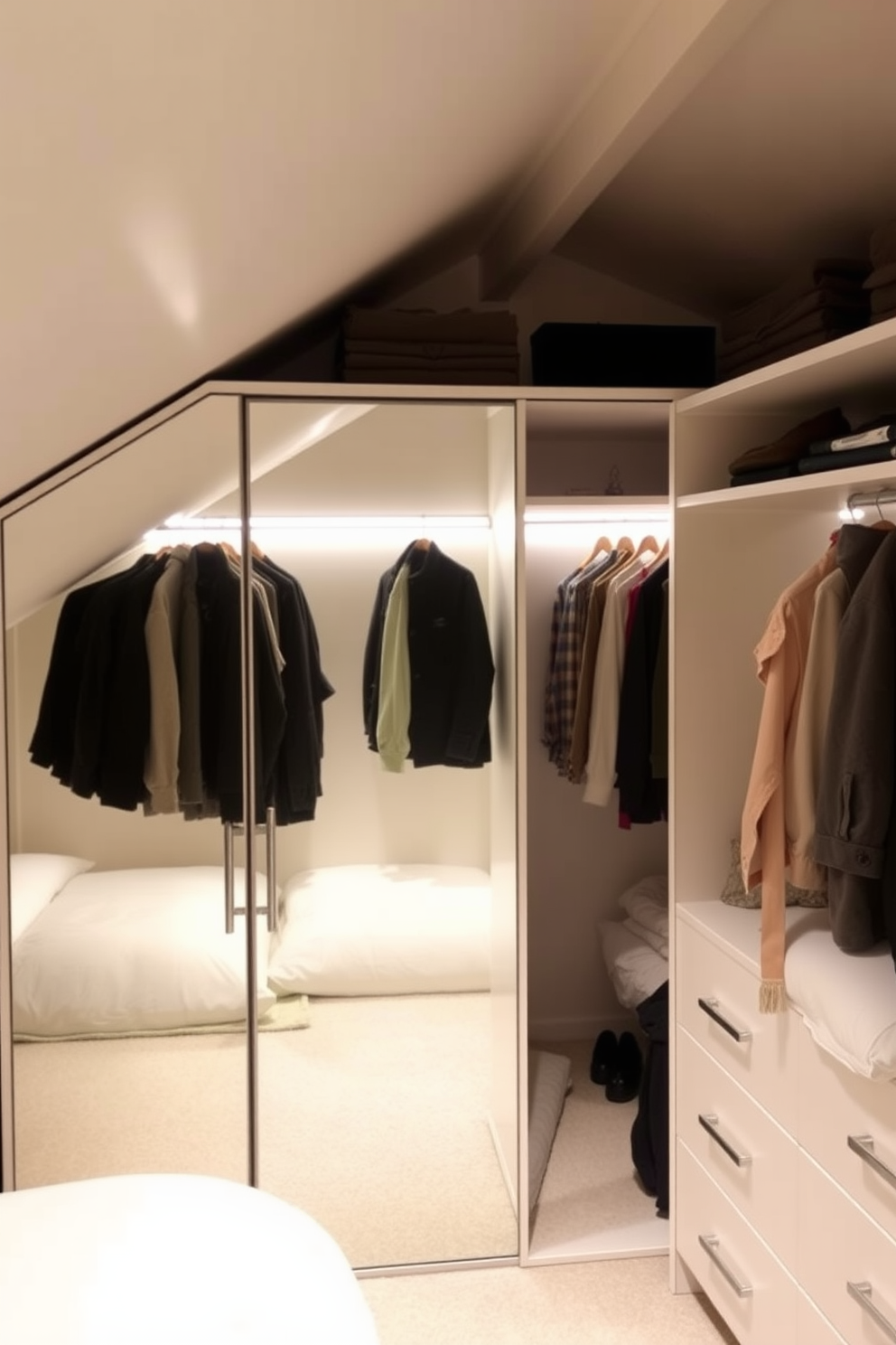 A modern attic closet featuring modular storage solutions that allow for flexible arrangements. The design includes adjustable shelving, hanging rods, and built-in drawers to maximize space efficiency while maintaining a sleek aesthetic.
