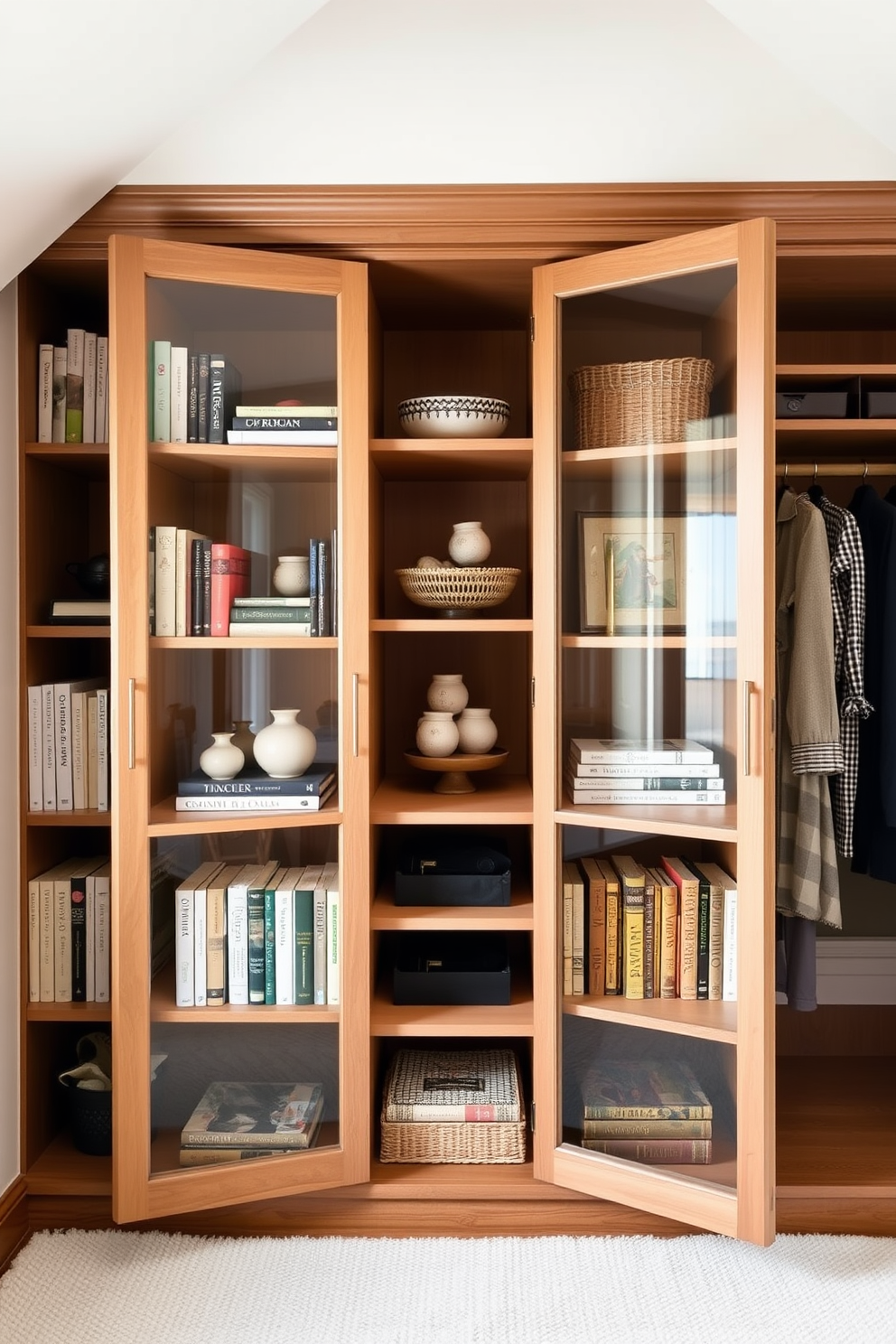 A cozy attic closet design featuring built-in shelves for efficient storage. The shelves are crafted from reclaimed wood and are arranged in a staggered pattern to maximize space and display items beautifully. Soft ambient lighting enhances the warm tones of the wood, creating an inviting atmosphere. A small ladder is positioned against one side, providing easy access to higher shelves filled with neatly organized boxes and seasonal clothing.