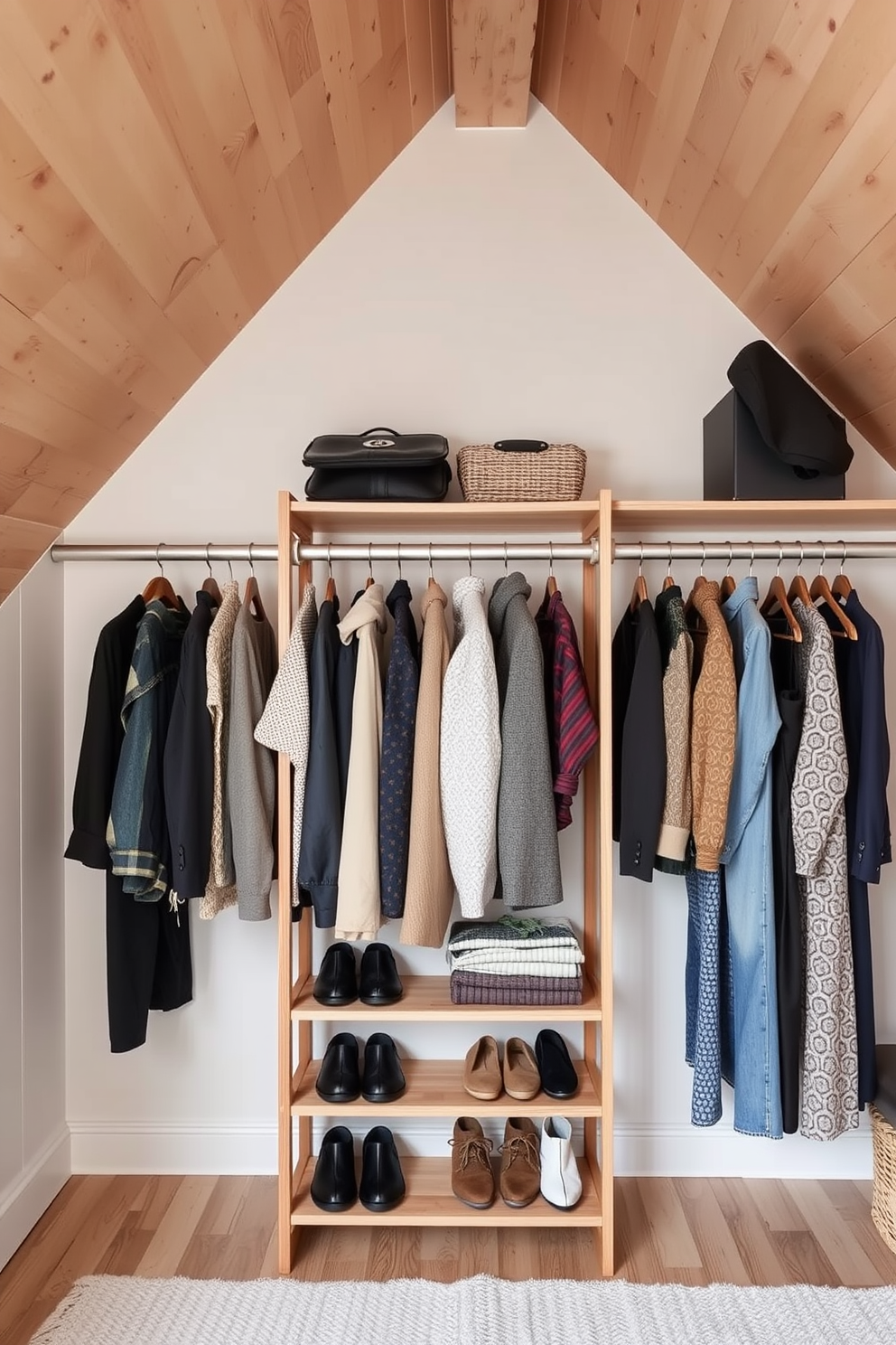 A cozy attic closet featuring sliding barn doors for easy access. The interior is organized with custom shelving and hanging space, illuminated by soft recessed lighting.