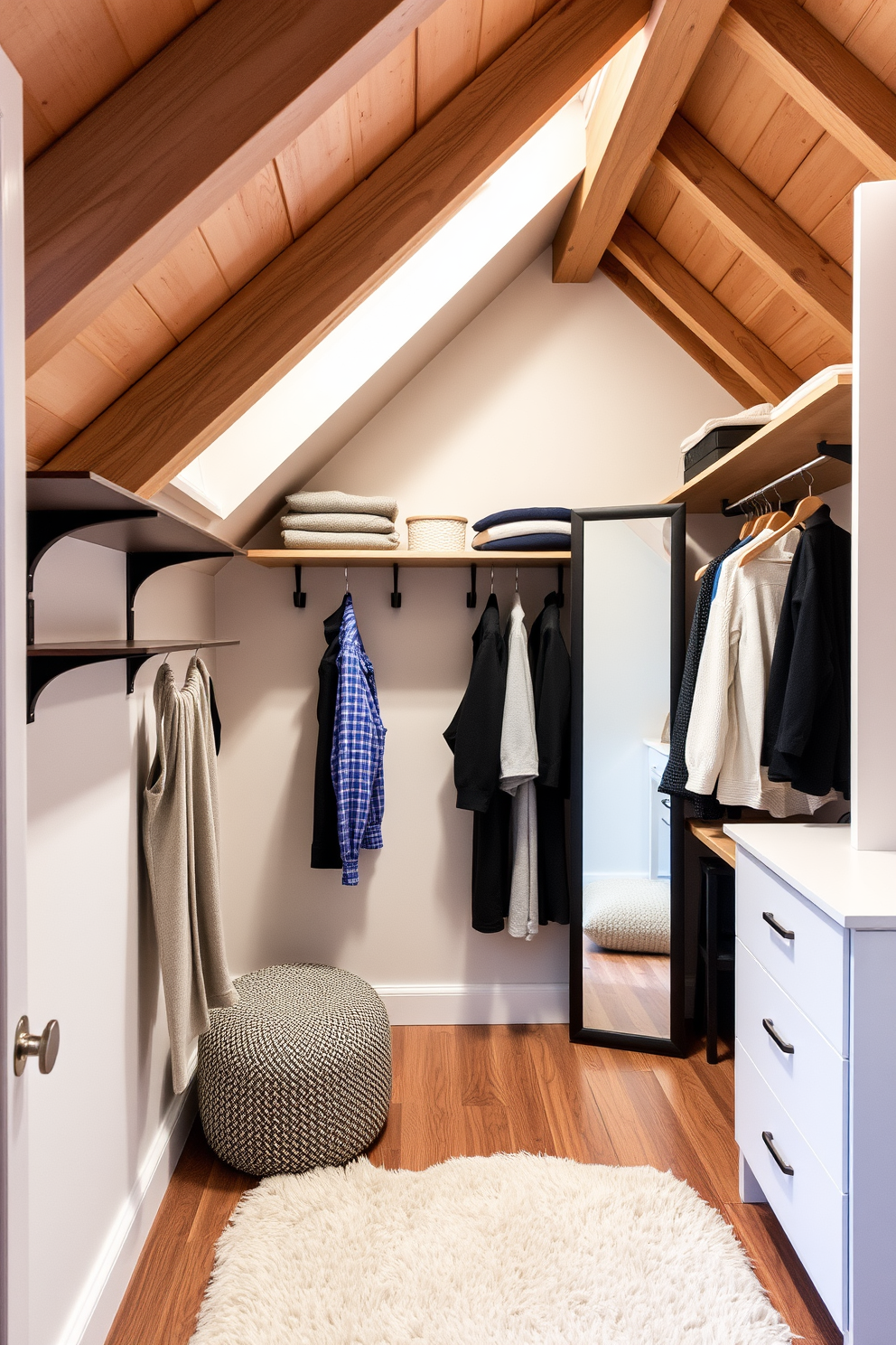 Open shelving for display and organization. The shelves are made of reclaimed wood and are filled with a curated collection of books, plants, and decorative objects. Attic closet design ideas. The closet features custom built-in shelving with a cozy reading nook beside a skylight, allowing natural light to flood the space.