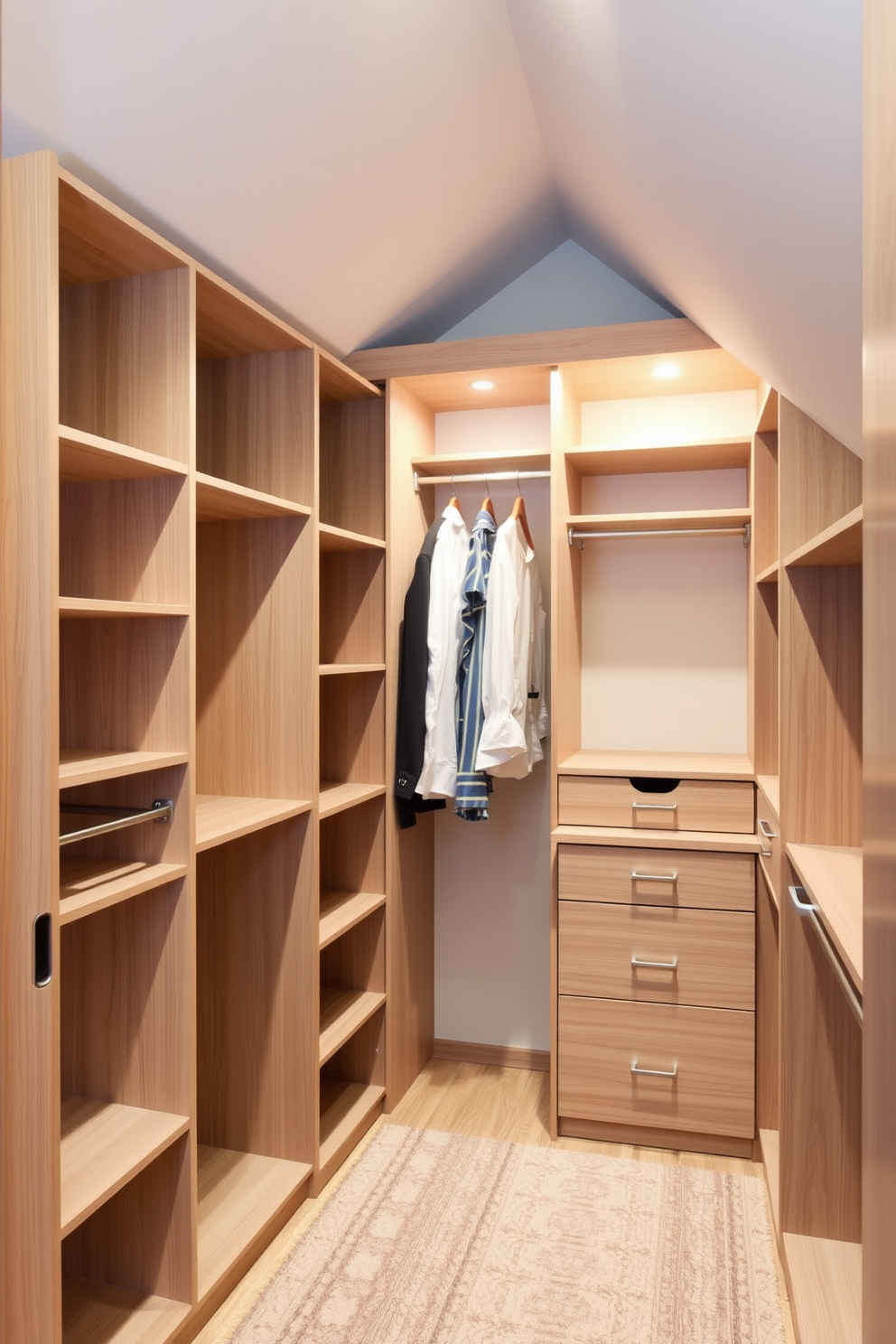 A cozy attic closet designed for playful decor features colorful storage bins arranged neatly on sturdy wooden shelves. The walls are painted in a soft pastel hue, creating a cheerful atmosphere that invites creativity and organization.