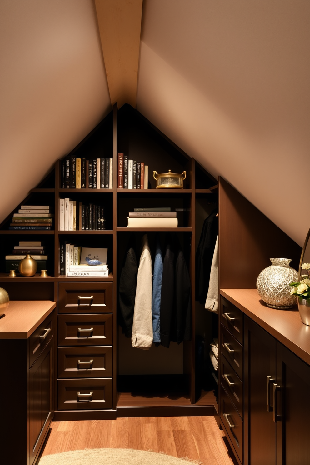 A cozy attic space features under-eave drawers seamlessly integrated into the sloped walls for hidden storage. The drawers are crafted from light wood, complementing the soft, neutral color palette of the room. The closet design maximizes vertical space with open shelving above the drawers, showcasing neatly folded clothes and stylish accessories. A plush area rug adds warmth to the floor, creating an inviting atmosphere in this innovative storage solution.
