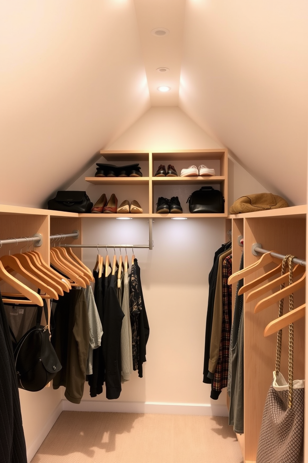 A cozy attic closet featuring vintage trunks as stylish storage options. The trunks are arranged neatly along the wall, providing both functionality and a touch of nostalgia. Soft, ambient lighting illuminates the space, highlighting the warm wood tones of the trunks. A plush rug adds comfort underfoot, creating an inviting atmosphere in the attic closet.