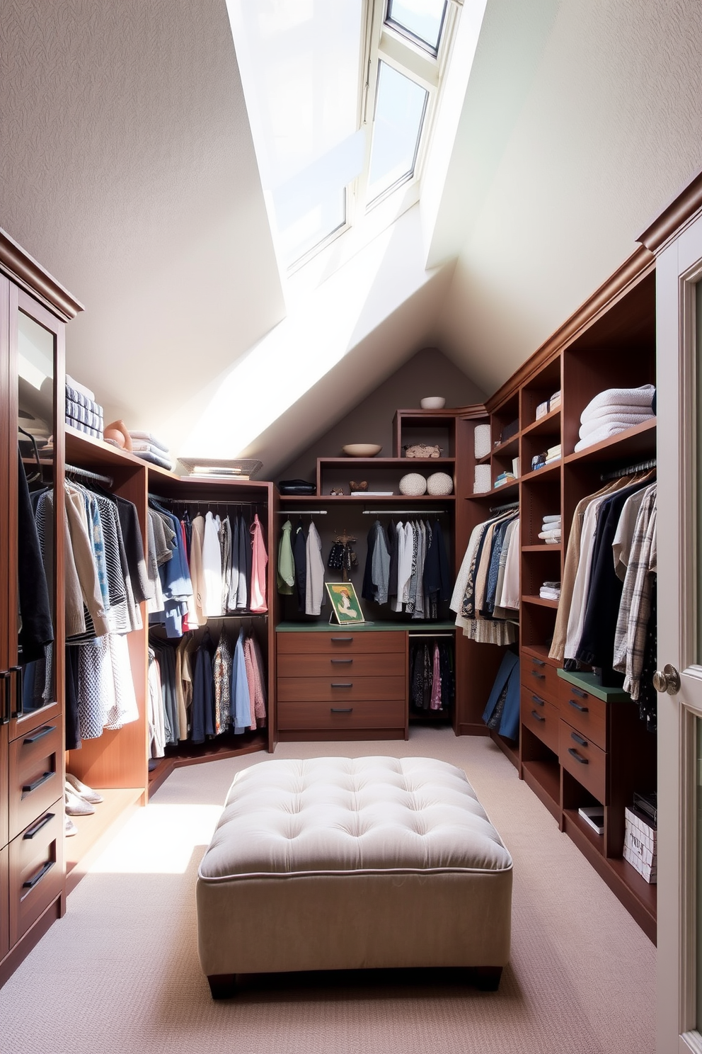 A stylish attic closet featuring mirrored doors that reflect natural light and create an illusion of spaciousness. The design includes built-in shelves and hanging rods, maximizing storage while maintaining a sleek aesthetic. Soft, neutral colors adorn the walls, complemented by warm wooden accents throughout the space. A cozy reading nook is integrated into the design, complete with a plush chair and a small side table for added functionality.