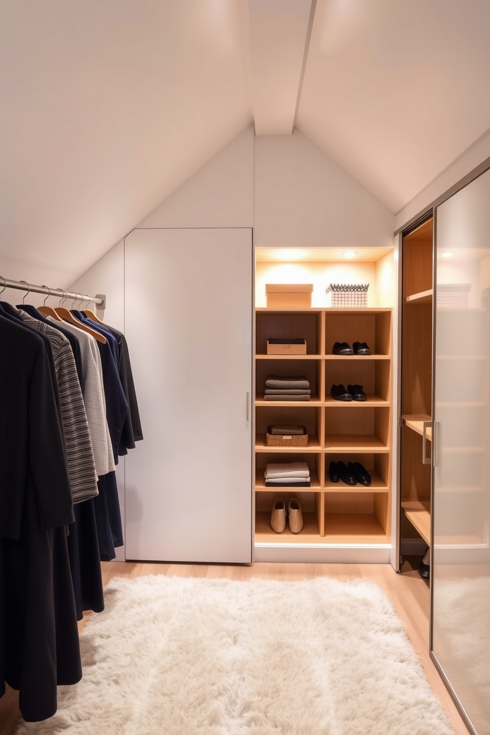 Custom cabinetry for tailored solutions. Imagine a spacious attic closet featuring built-in shelving and hanging spaces designed to maximize storage efficiency. Attic closet design ideas. Picture a cozy nook with sloped ceilings, incorporating stylish drawers and open shelving to create an inviting and functional storage area.