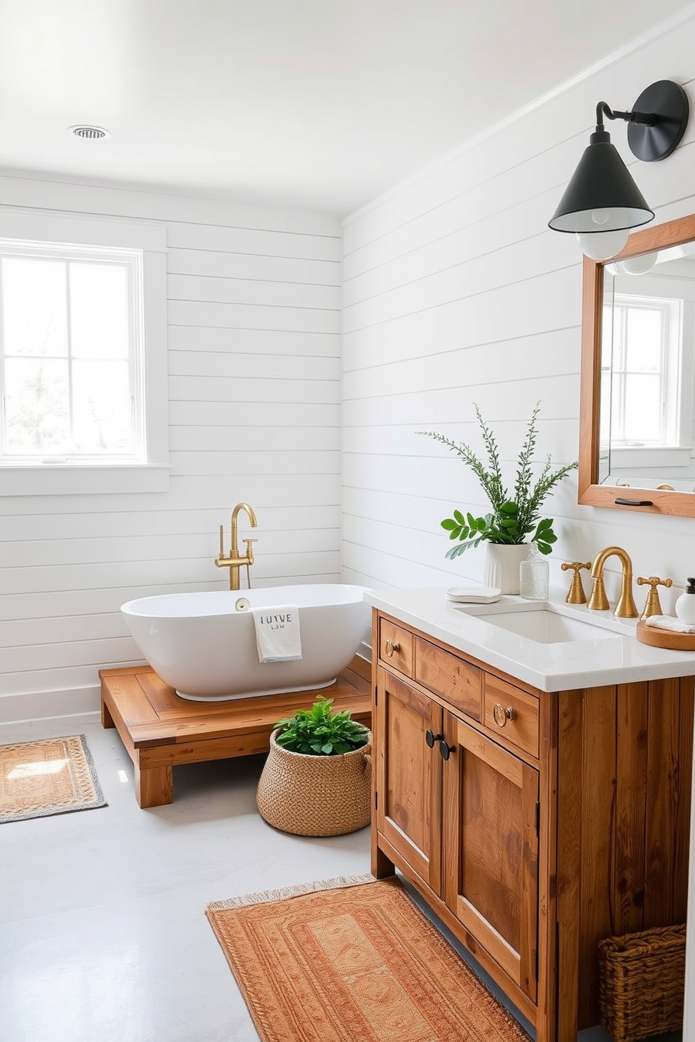 A modern farmhouse basement bathroom featuring shiplap walls painted in a soft white color. The design includes a freestanding soaking tub on a wooden platform, with brass fixtures and a large window allowing natural light to flood the space. The vanity is a rustic wooden piece with a double sink and a quartz countertop. Accents of greenery and woven baskets add warmth and texture to the overall aesthetic.