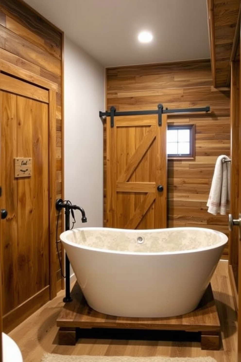 A cozy basement bathroom featuring rustic wood accents for warmth. The walls are adorned with reclaimed wood paneling, and a wooden barn door leads to the shower area. A freestanding bathtub made of natural stone sits on a wooden platform. Earthy tones dominate the color palette, complemented by vintage-style fixtures and soft lighting.