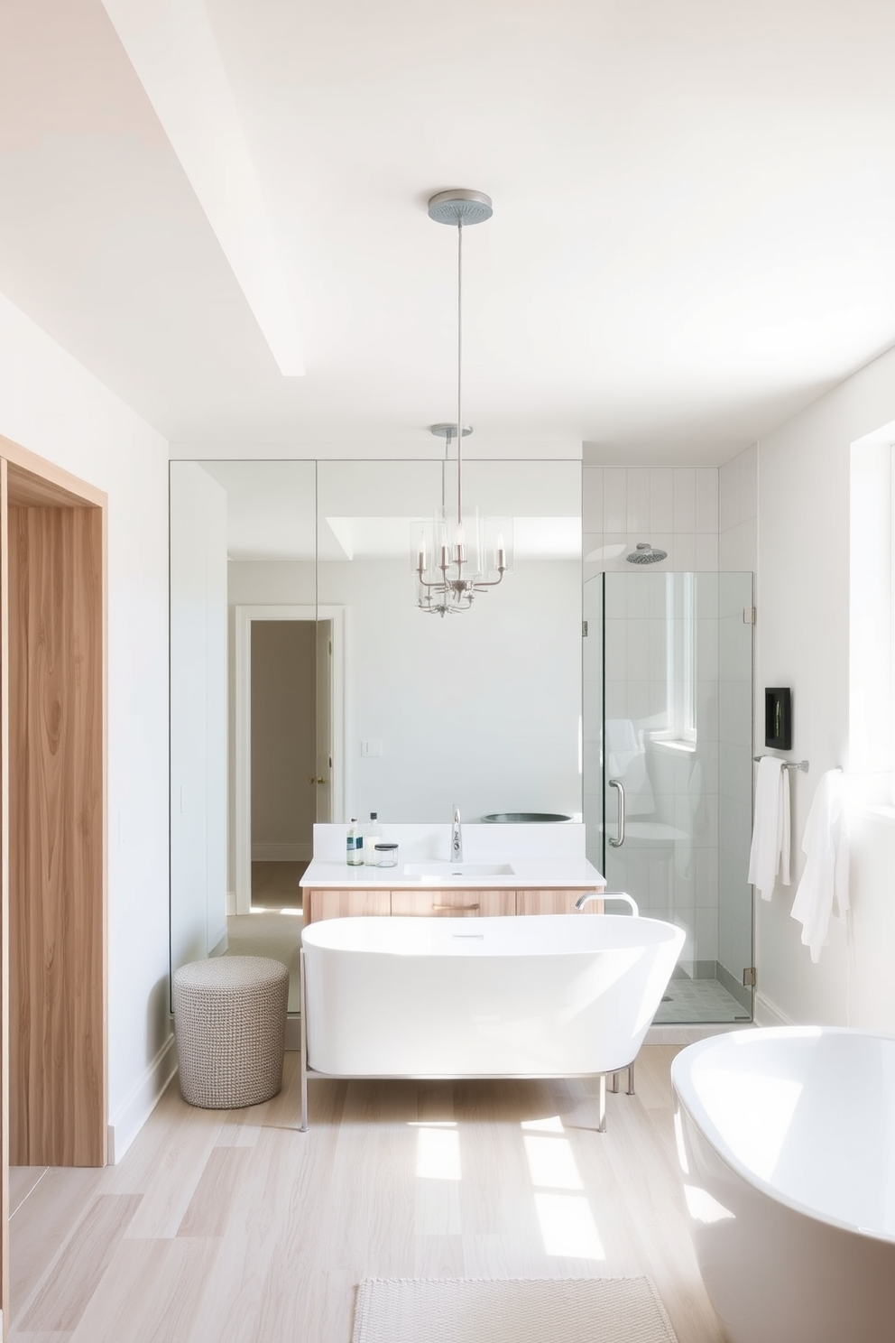 A bright and airy basement bathroom featuring large mirrors that reflect natural light. The space includes a sleek freestanding bathtub and a modern shower with glass doors, creating an open and inviting atmosphere. The walls are painted in a soft white hue, complemented by light wood accents throughout. Stylish pendant lighting hangs above the vanity, illuminating the space and adding a touch of elegance.