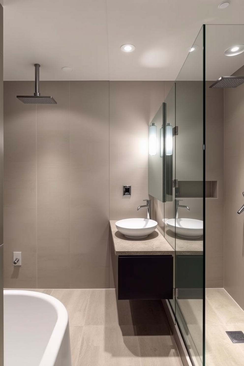 A stylish basement bathroom featuring sleek fixtures that exude modern elegance. The space includes a floating vanity with a polished countertop and integrated sink, complemented by minimalist cabinetry and contemporary lighting. The walls are adorned with large-format tiles in a neutral tone, creating a seamless look. A glass-enclosed shower with a rainfall showerhead adds a luxurious element to the design.
