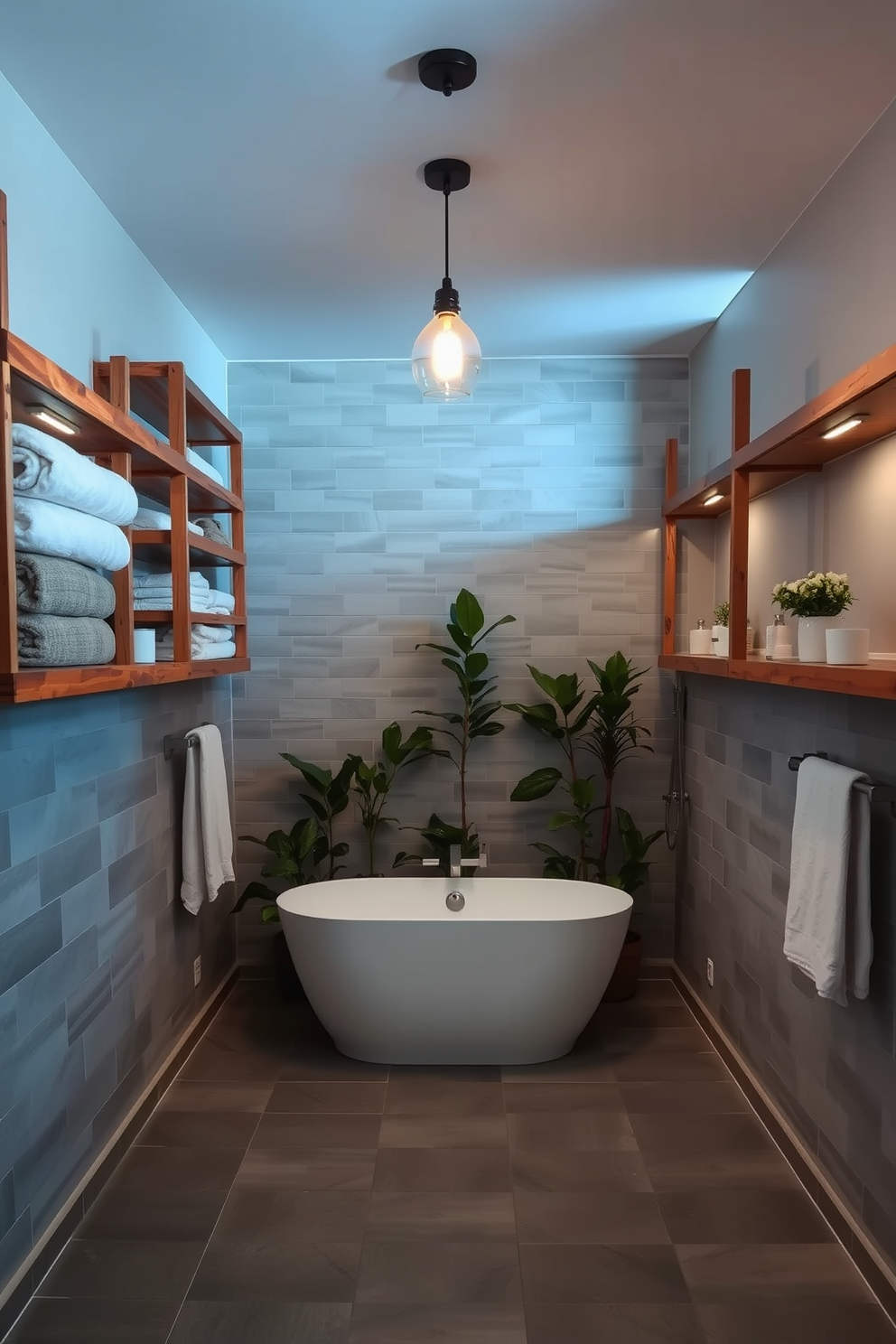 Open shelving lines the walls of a spacious basement bathroom, providing easy access to towels and toiletries. The shelves are made of reclaimed wood, adding warmth to the cool-toned tiles on the floor and walls. A freestanding tub sits in the center, surrounded by plants that bring life to the space. Soft lighting fixtures above create a relaxing ambiance, complementing the neutral color palette.