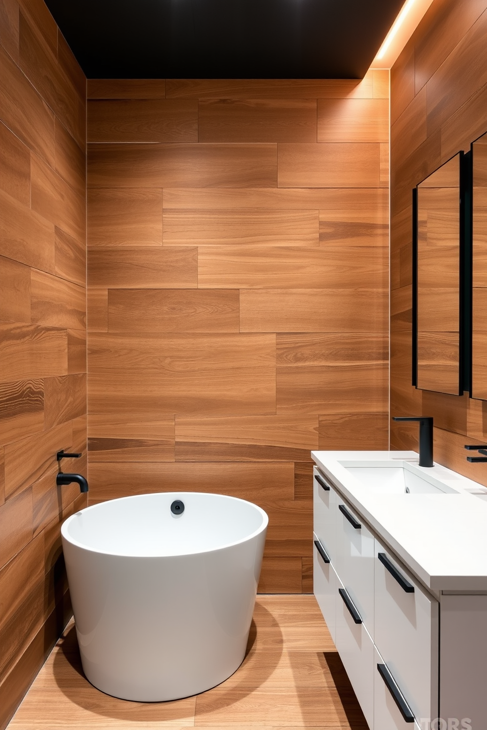 Textured wall panels create a striking focal point in the basement bathroom, enhancing the overall aesthetic with depth and character. The combination of warm wood tones and soft lighting adds a cozy ambiance, inviting relaxation and comfort. Incorporate a freestanding soaking tub against the textured wall, complemented by modern fixtures in matte black. A sleek vanity with a minimalist design and integrated storage maximizes space while maintaining a clean, uncluttered look.