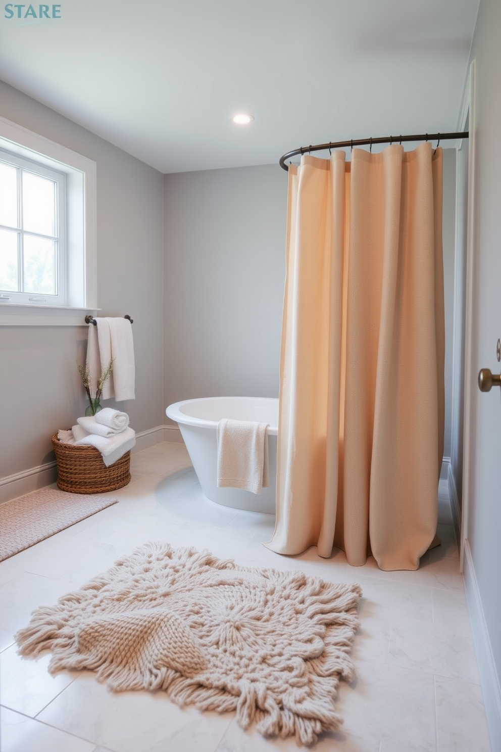 A cozy basement bathroom designed for relaxation features soft textiles in calming colors. Plush towels and a warm bath mat invite comfort, while a large window allows natural light to illuminate the space. The walls are adorned with light gray paint, creating a serene backdrop for the design. A freestanding tub sits against one wall, complemented by a stylish shower curtain that adds a touch of elegance.