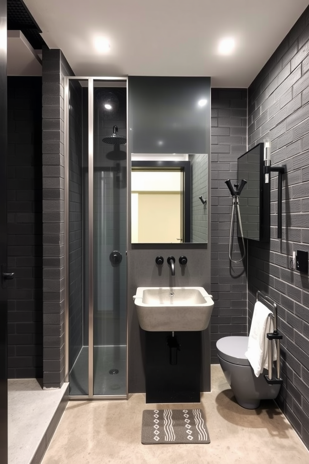 A modern basement bathroom featuring industrial elements with metal finishes. The space includes a sleek metal-framed shower enclosure and a concrete sink with exposed plumbing, creating a raw yet refined aesthetic. The walls are adorned with dark gray brick, and the floor is polished concrete for a cohesive look. Accents of brushed nickel and matte black fixtures enhance the industrial vibe while providing functional elegance.