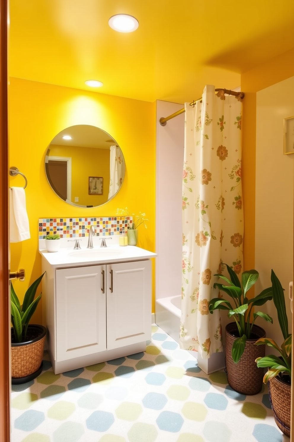 A bright and cheerful basement bathroom featuring vibrant yellow walls that radiate warmth. The space includes a sleek white vanity with a colorful mosaic tile backsplash and a large round mirror that enhances the light. The flooring is a playful patterned tile in shades of blue and green, adding a fun touch. To complete the look, a whimsical shower curtain with a floral design hangs in the shower area, and potted plants bring life to the corners.
