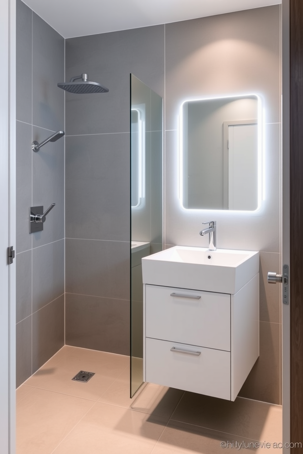 A sleek basement bathroom featuring smart technology for modern convenience. The space includes a touchless faucet and a digital shower control panel, seamlessly integrated into a minimalist design. The walls are adorned with large format tiles in a soft gray tone, while the floor boasts heated tiles for comfort. Ambient LED lighting is installed around a frameless mirror, enhancing the contemporary feel of the room.
