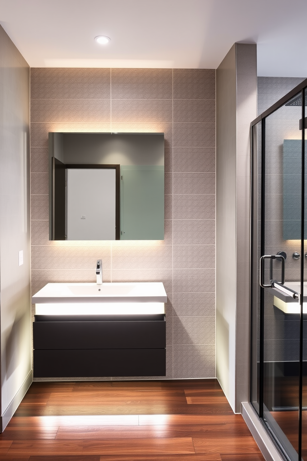 A modern basement bathroom featuring a sleek floating vanity with underlighting that creates a warm ambiance. The vanity is complemented by a large frameless mirror that reflects the soft glow of the lights, enhancing the sense of space. The walls are adorned with textured tiles in a soft gray hue, while the floor is finished with dark hardwood for contrast. A spacious walk-in shower with glass doors showcases a rain showerhead, providing a luxurious touch to the design.