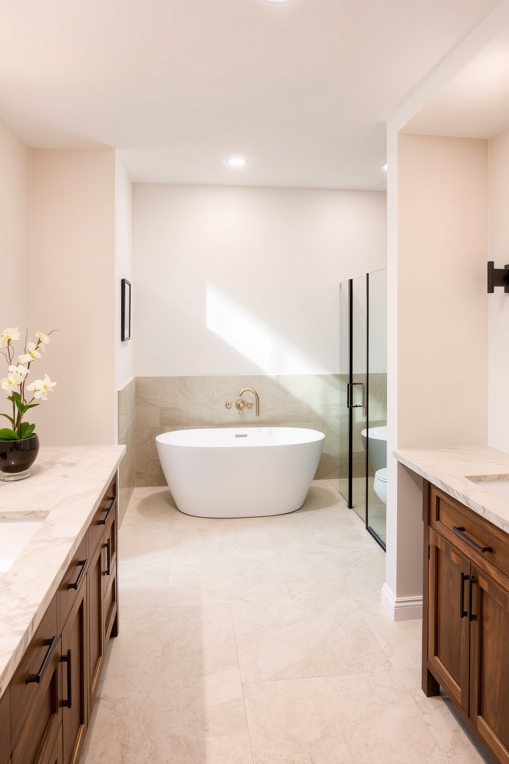 A basement bathroom featuring natural stone countertops that exude elegance and sophistication. The design incorporates a freestanding soaking tub paired with a modern shower, creating a serene retreat. The walls are adorned with soft, neutral tones to enhance the natural light that filters in. A stylish wooden vanity complements the stone countertops, providing ample storage while maintaining a chic aesthetic.