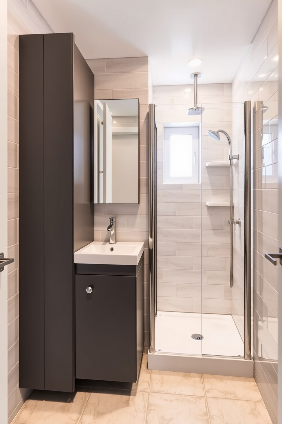 A stylish basement bathroom featuring space-saving furniture. The design includes a compact wall-mounted sink and a foldable shower that maximizes floor space while maintaining functionality. The walls are adorned with light-colored tiles to create an airy feel, and a large mirror reflects the natural light coming from a small window. A sleek storage unit is integrated into the design, providing ample space for toiletries without sacrificing style.