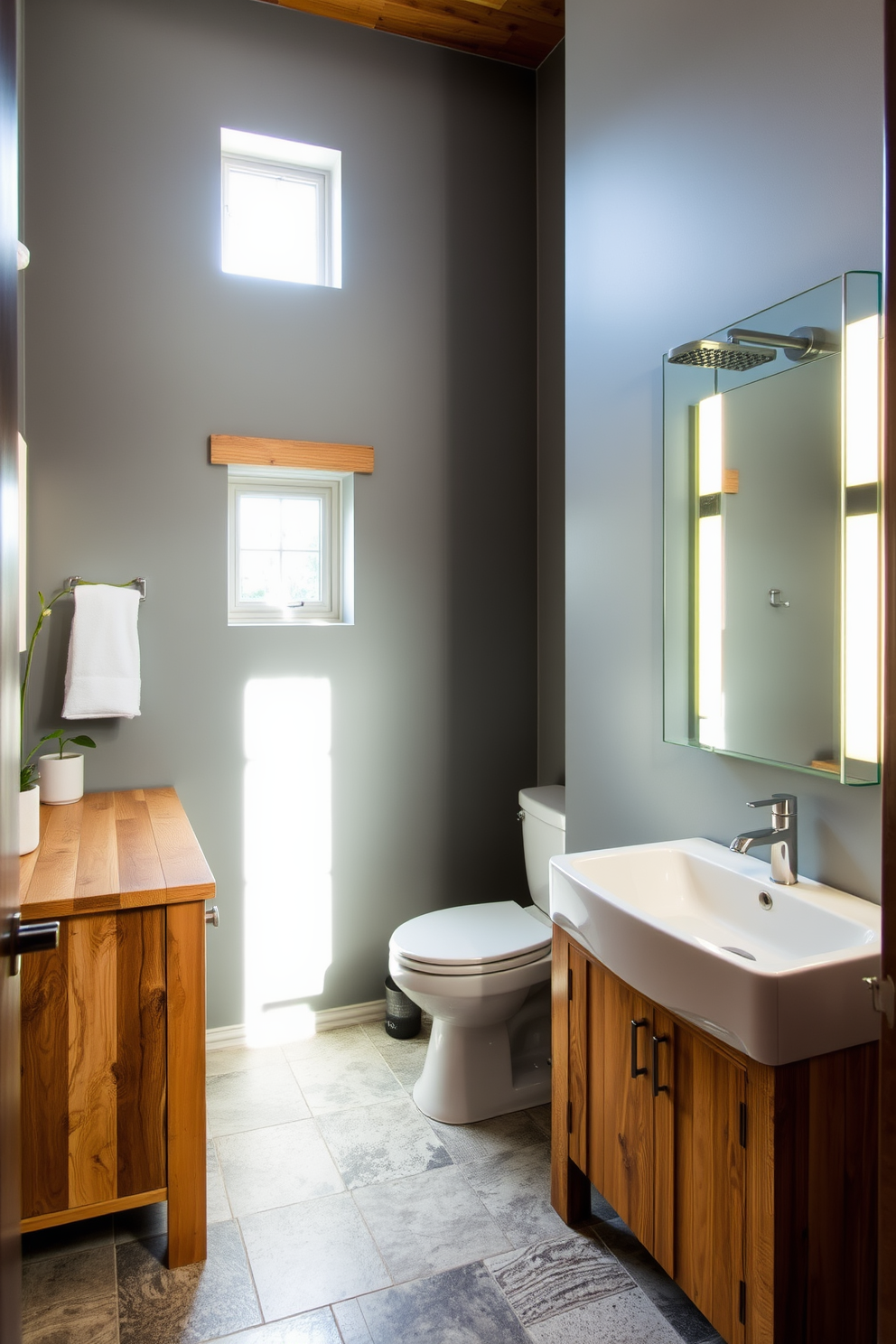 A modern basement bathroom featuring eco-friendly materials such as reclaimed wood for the vanity and bamboo accents throughout. The walls are painted in a soft gray tone, and the floor is made of recycled tiles with a natural stone appearance. A walk-in shower showcases a glass enclosure with water-saving fixtures and a rain showerhead. Natural light floods the space through a small window, complemented by energy-efficient LED lighting.