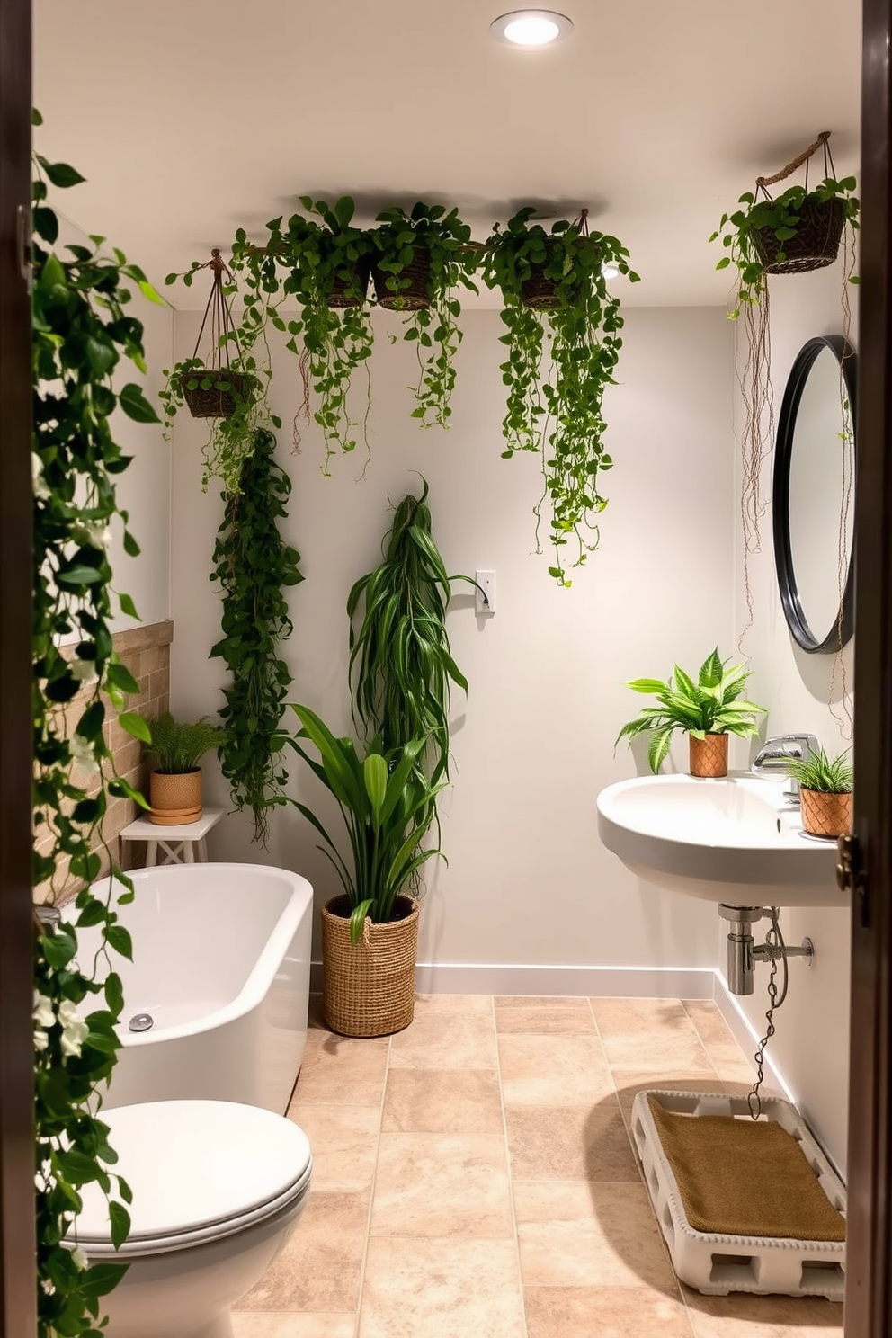 A basement bathroom designed to feel fresh and inviting with hanging plants cascading from the ceiling. The walls are painted in a light, airy color, and the floor features natural stone tiles that add warmth to the space.