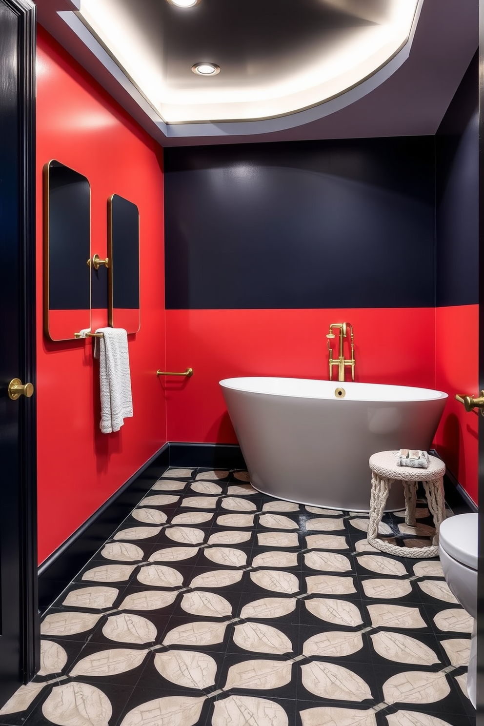 A bold basement bathroom featuring striking color-blocking elements. The walls are divided into sections of deep navy blue and vibrant coral, creating a dramatic contrast. The floor is adorned with large geometric tiles in black and white. A sleek freestanding tub in white sits against the coral wall, complemented by modern brass fixtures.