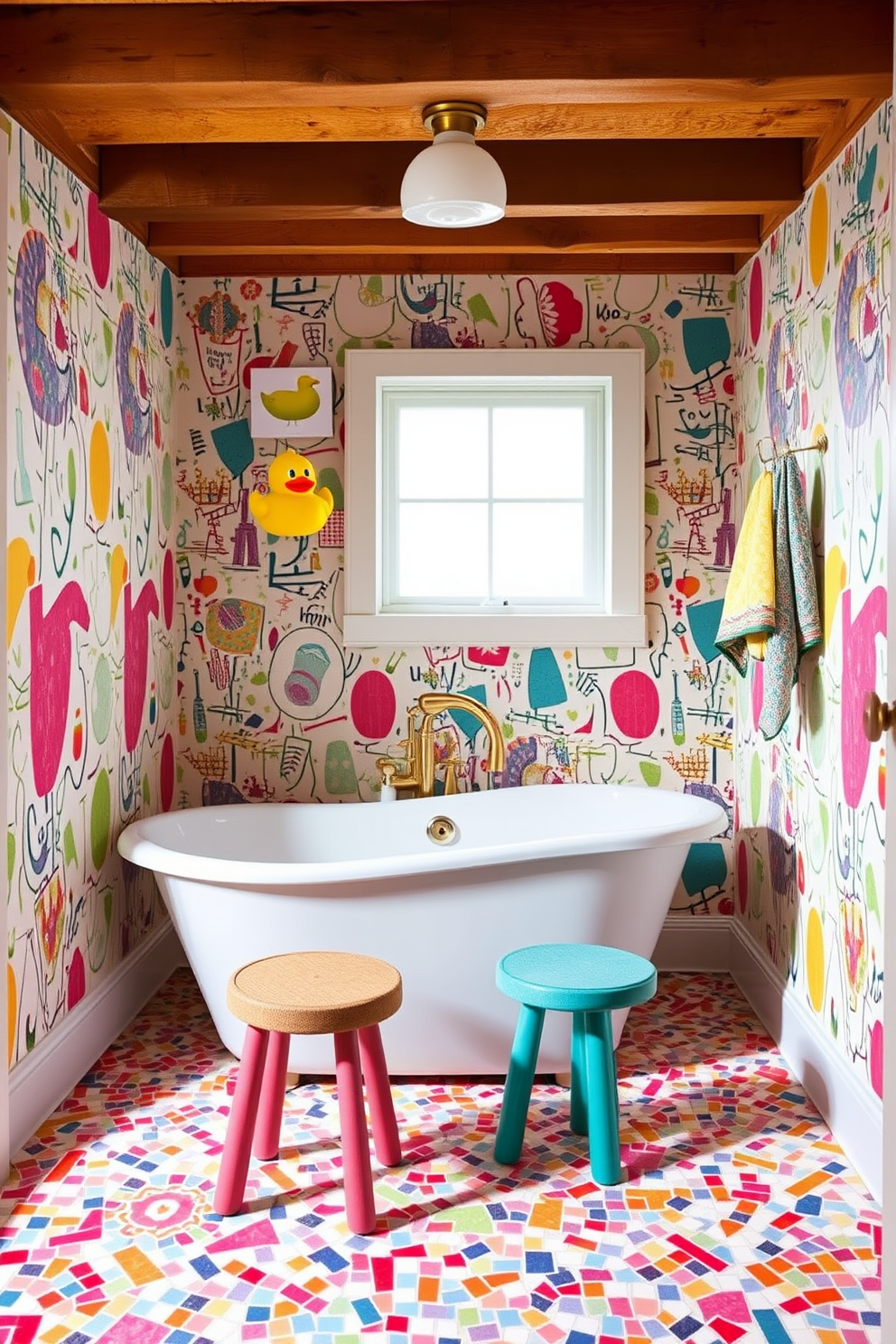 A whimsical basement bathroom design featuring playful elements. The walls are adorned with colorful, abstract wallpaper that adds a fun vibe, while the floor is covered in bright mosaic tiles. A freestanding tub in a unique shape sits at the center, surrounded by quirky, mismatched stools. Fun accessories like a rubber ducky soap dispenser and colorful towels hang from hooks, enhancing the playful atmosphere.