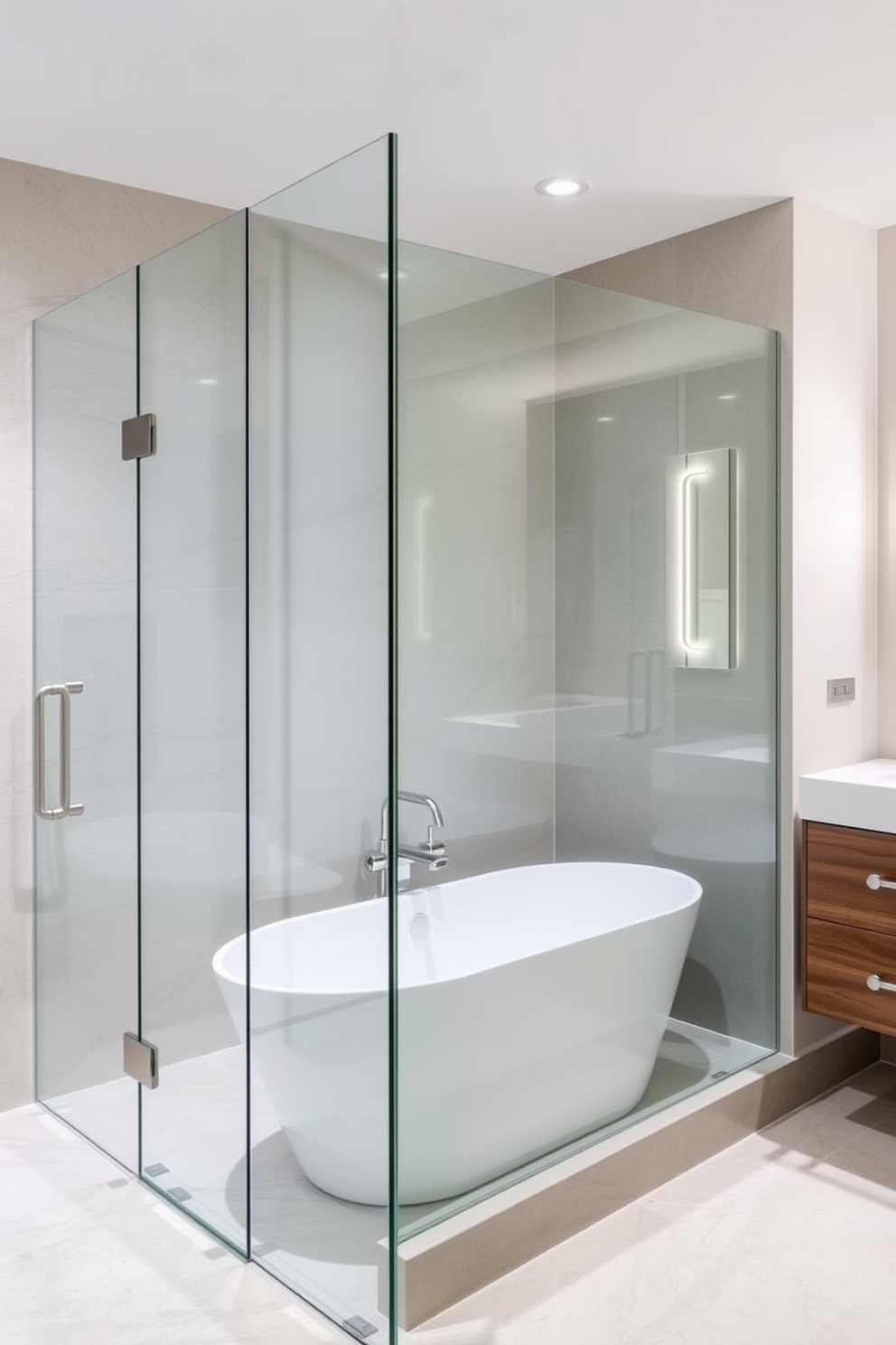 A frameless glass shower creates an open and airy feel in the basement bathroom. The sleek design allows for seamless integration with the surrounding space, enhancing the overall aesthetic. Incorporate a modern freestanding bathtub to add a touch of luxury. Complement it with elegant fixtures and soft lighting to create a relaxing atmosphere.